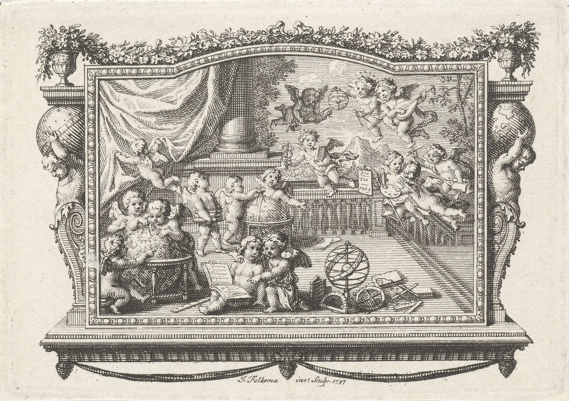 Putti spelen met attributen van de kunsten en wetenschap by Jacob Folkema