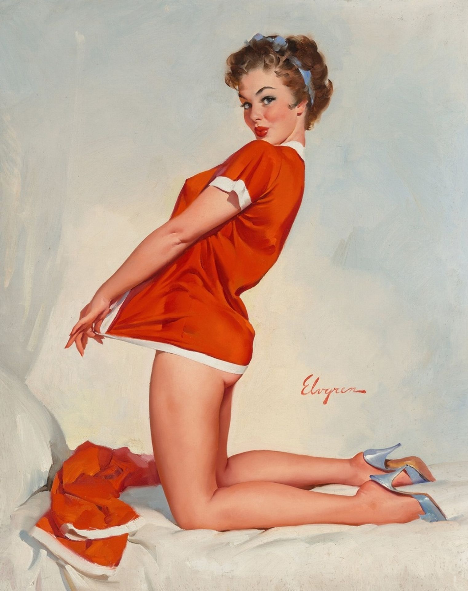 Measuring Up, Happy Holidays, calendar illustration by Gil Elvgren