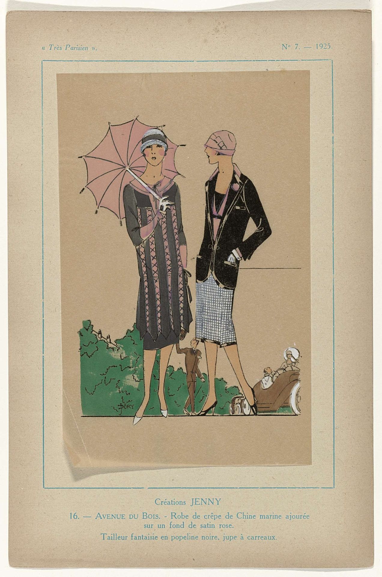 Très Parisien, 1925,  No. 7, Pl. 16: Créations JENNY - AVENUE DU BOIS by G-P. Joumard