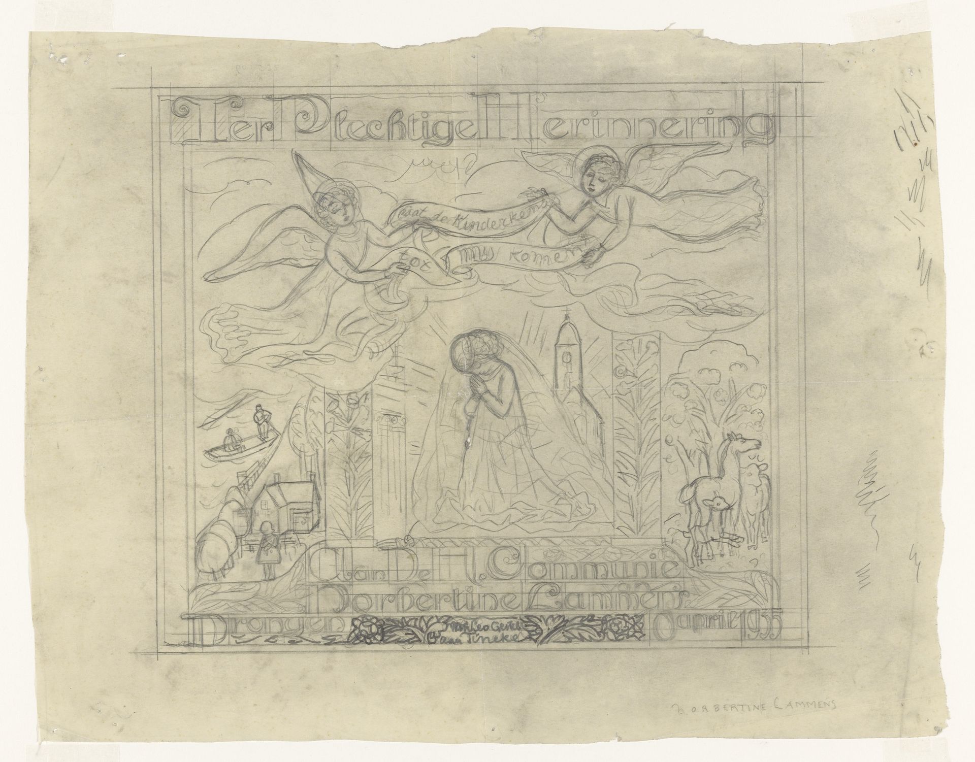 Ontwerptekening voor een communiediploma voor Norbertine Lammers by Leo Gestel