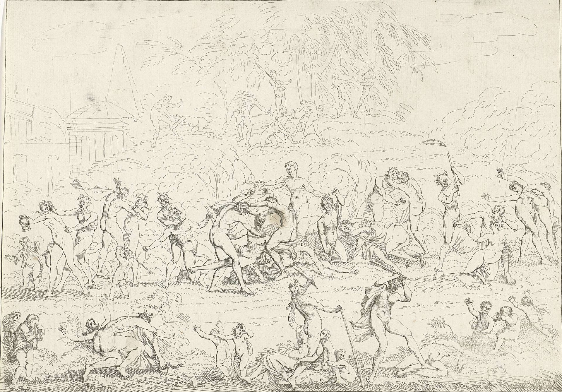 Vechtende Bacchanten en nimfen by Gerard Melder