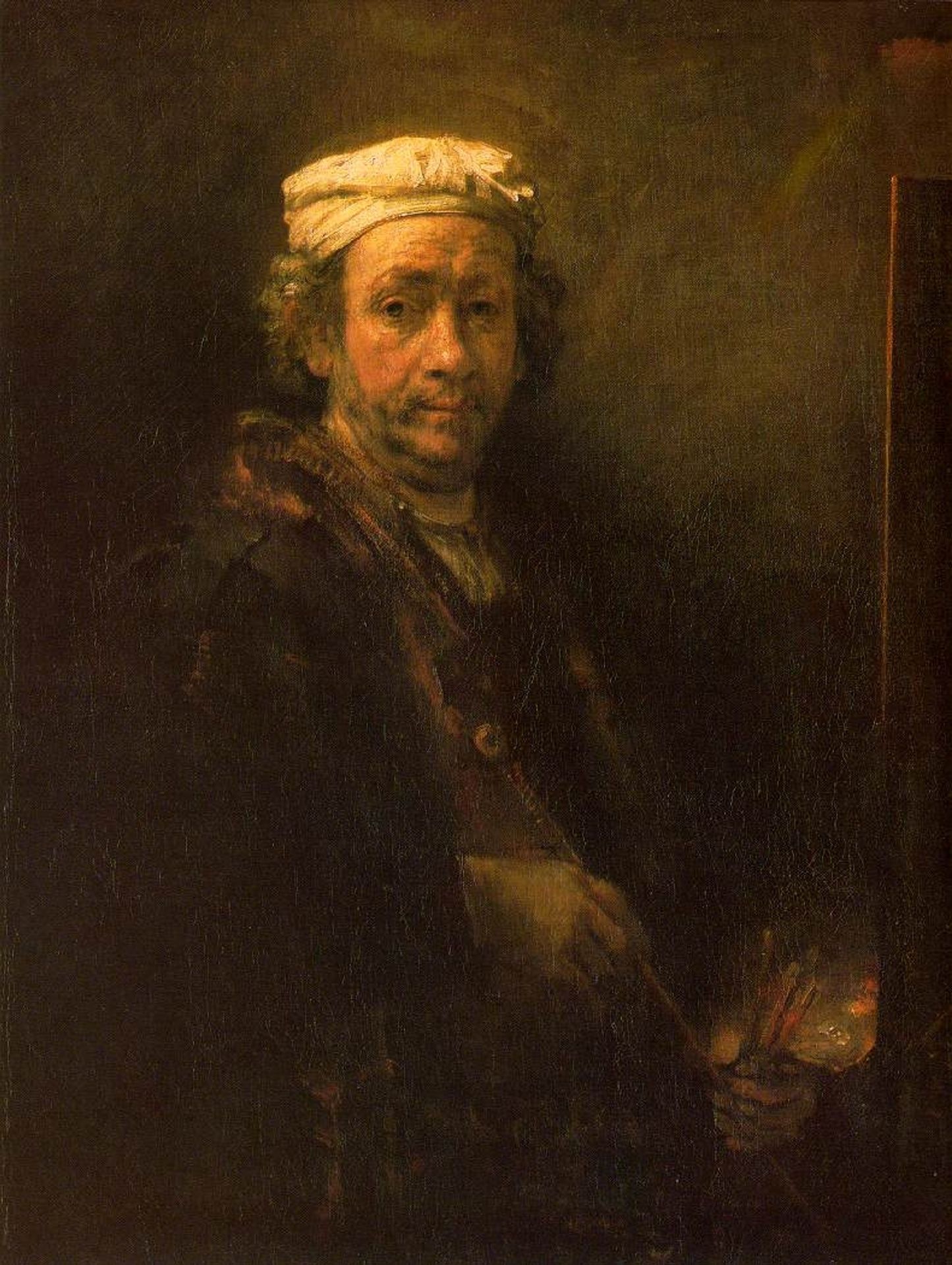 Portrait of the Artist at His Easel, detail of the face by Rembrandt van Rijn