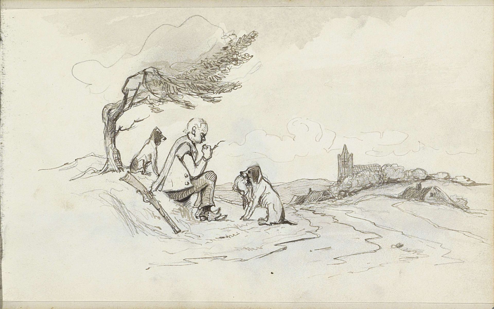 Landschap met een zittende jager en zijn honden by Johannes Tavenraat