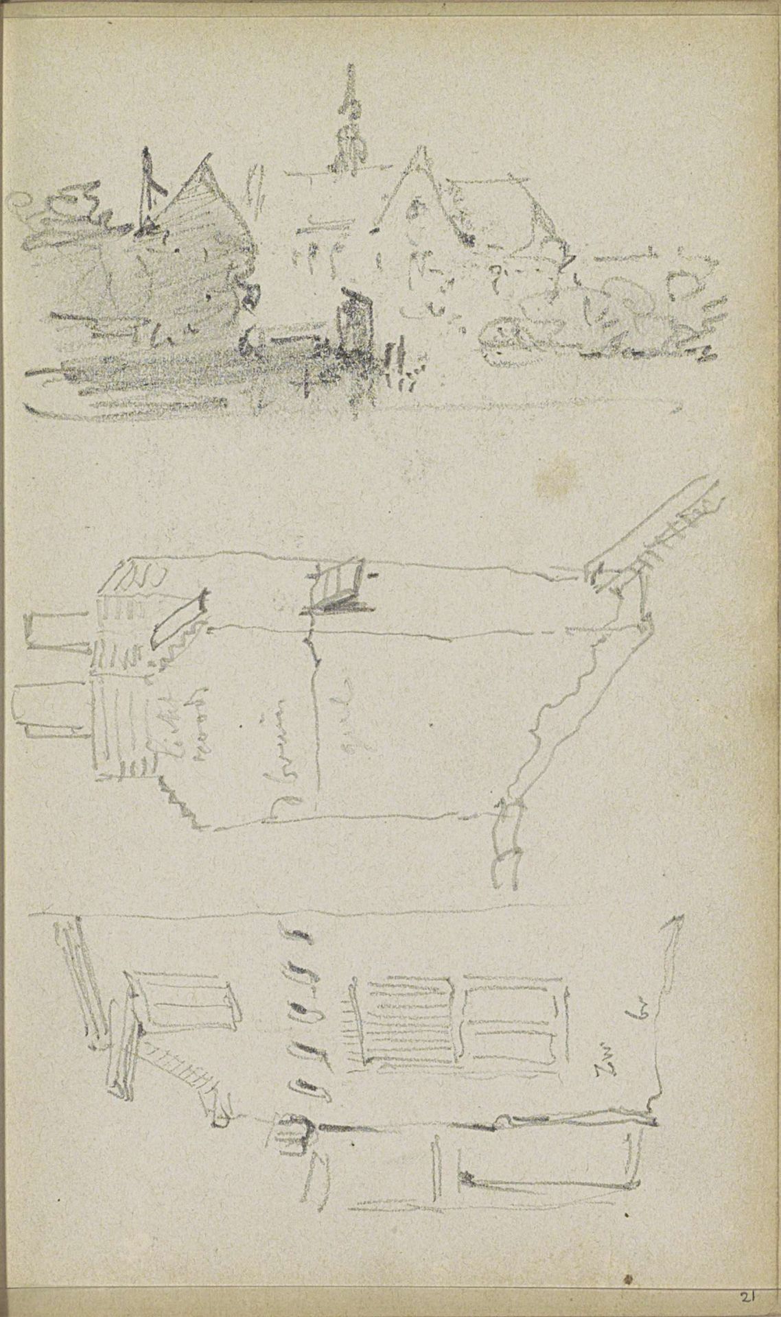 Gezicht op gebouwen en een stadsgezicht met een kerk by Adrianus Eversen