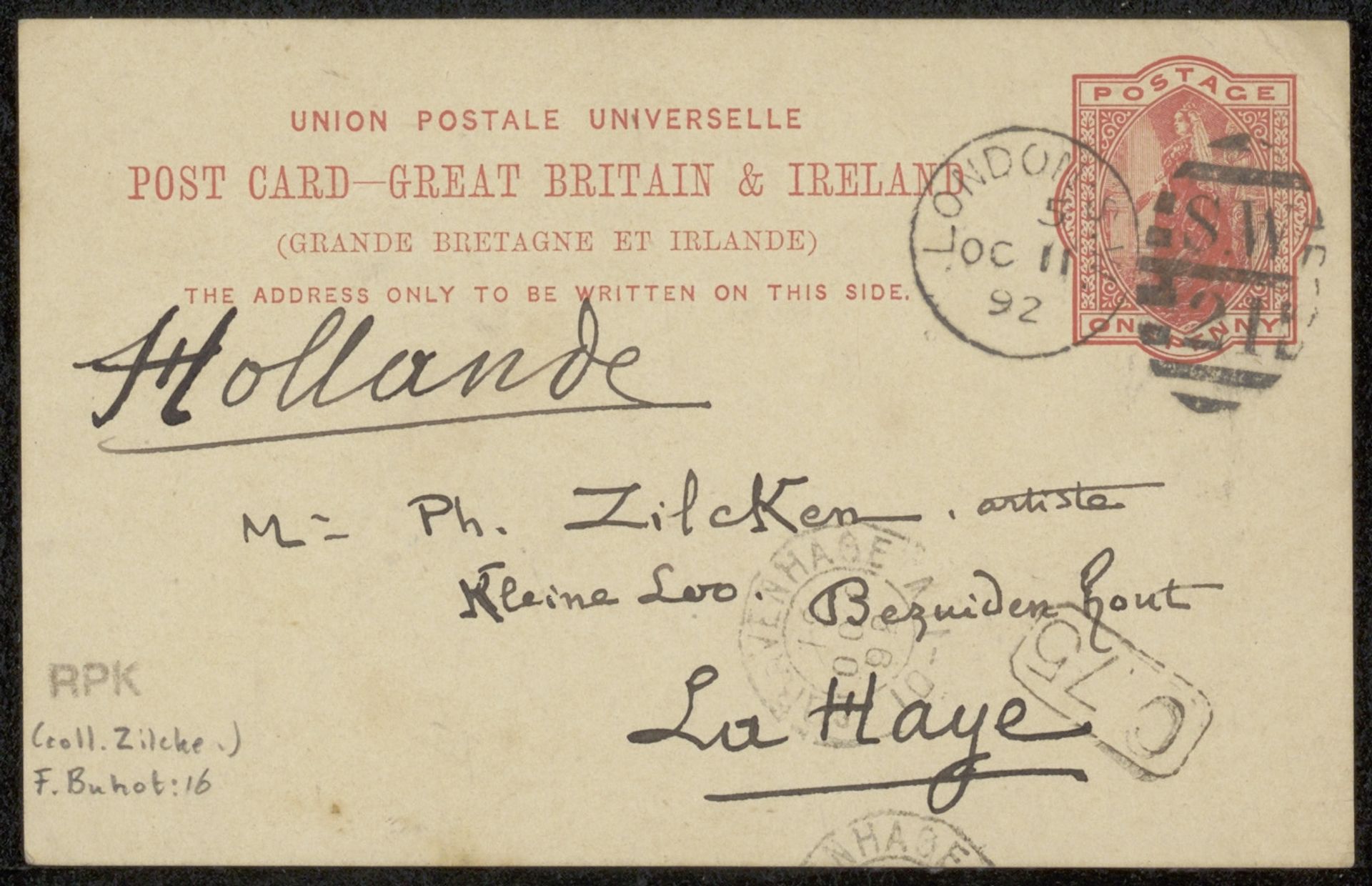 Briefkaart aan Philip Zilcken by Félix Hilaire Buhot