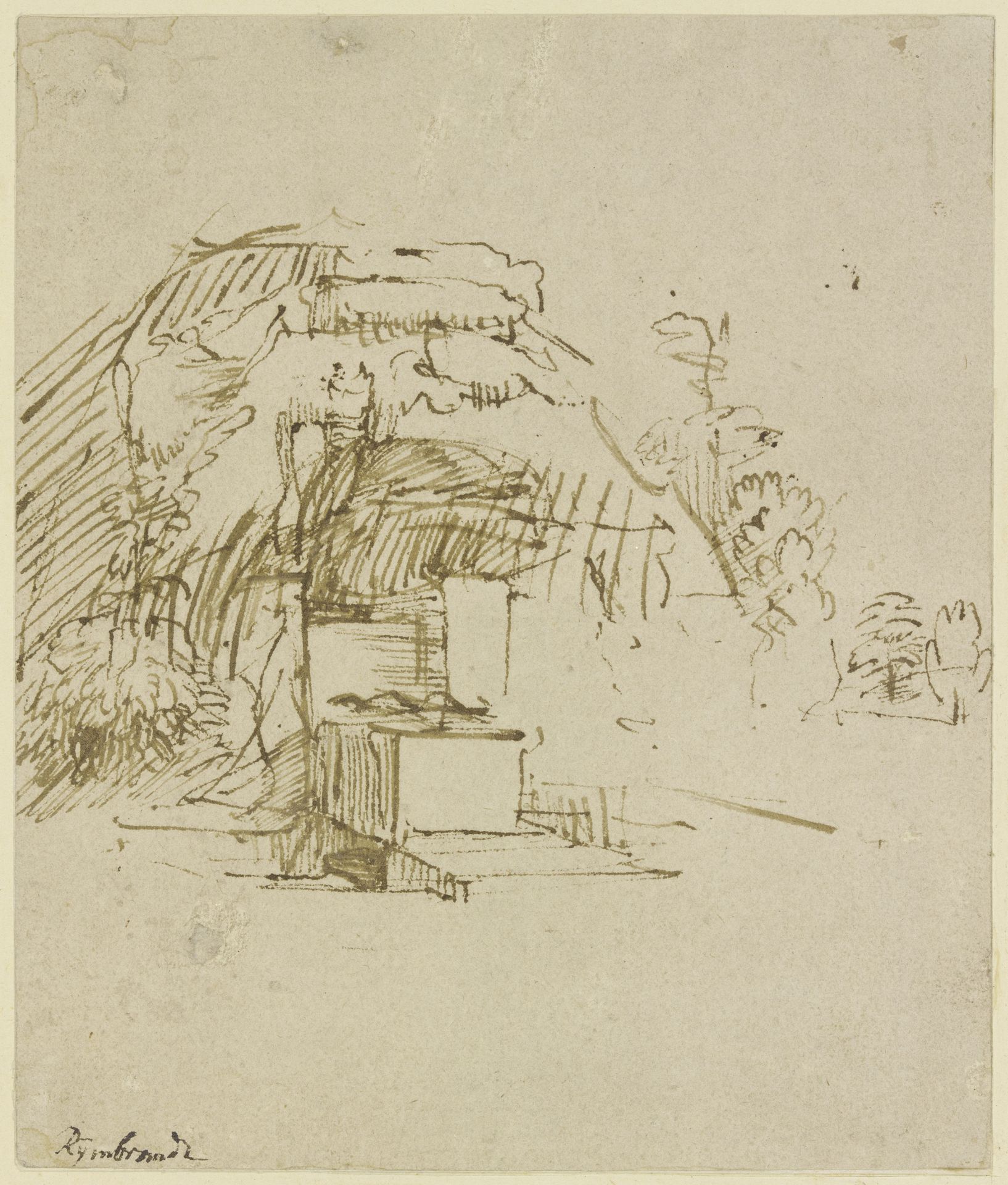Well in front of a hut by Rembrandt van Rijn