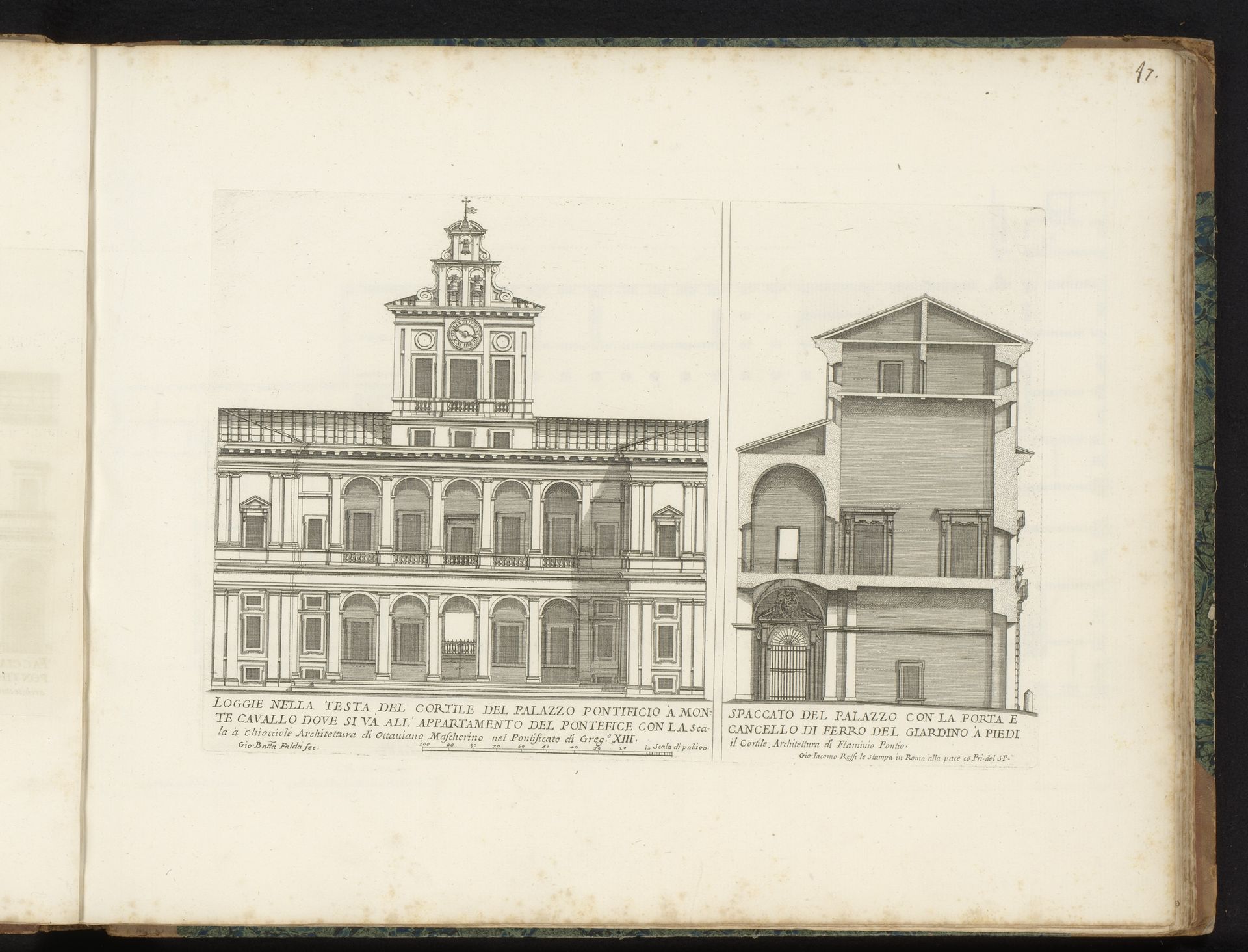 Gevel op de binnenplaats van Palazzo del Quirinale en verticale doorsnede by Giovanni Battista Falda
