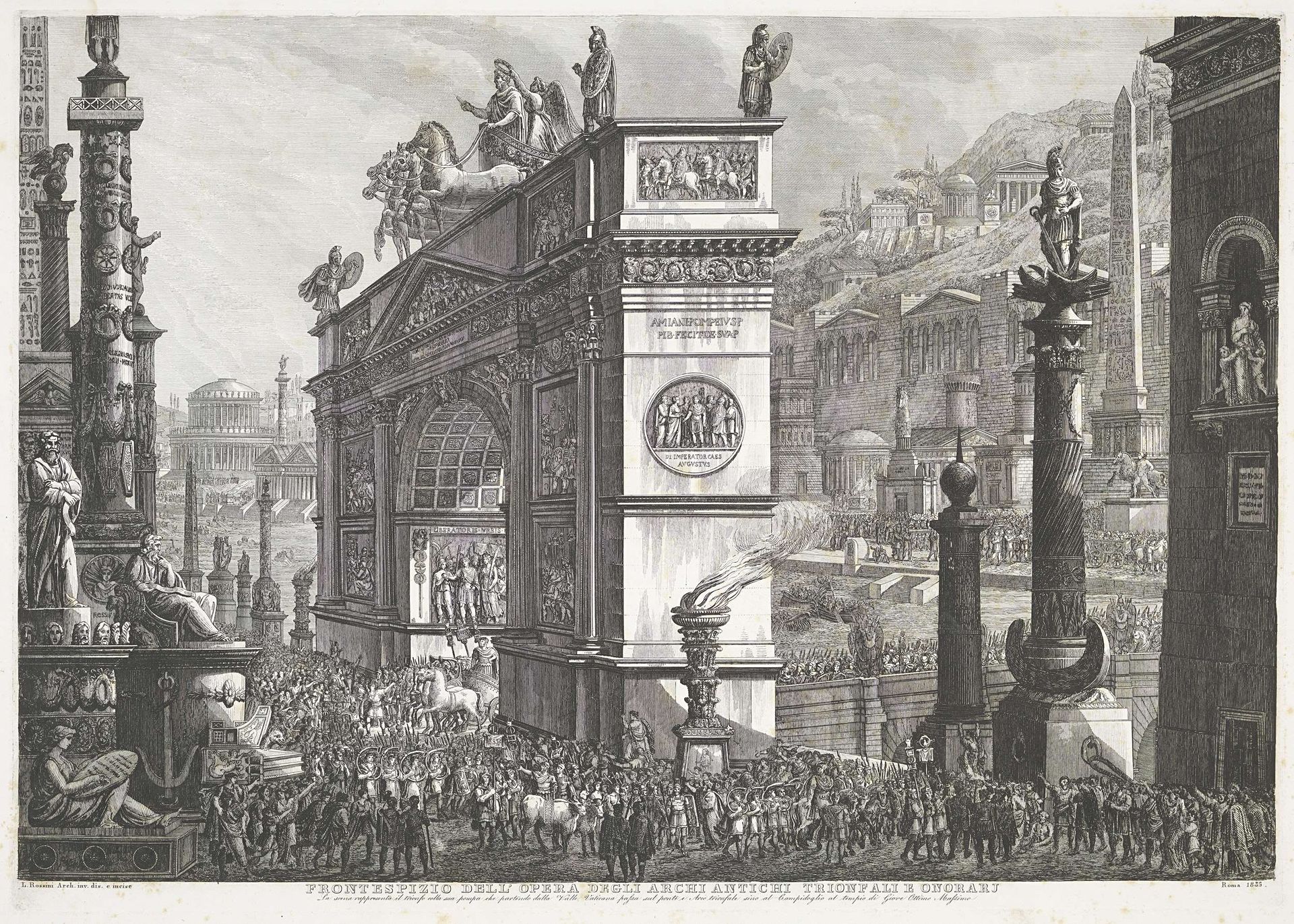 Titelprent met triomfboog en triomfstoet te Rome by Luigi Rossini