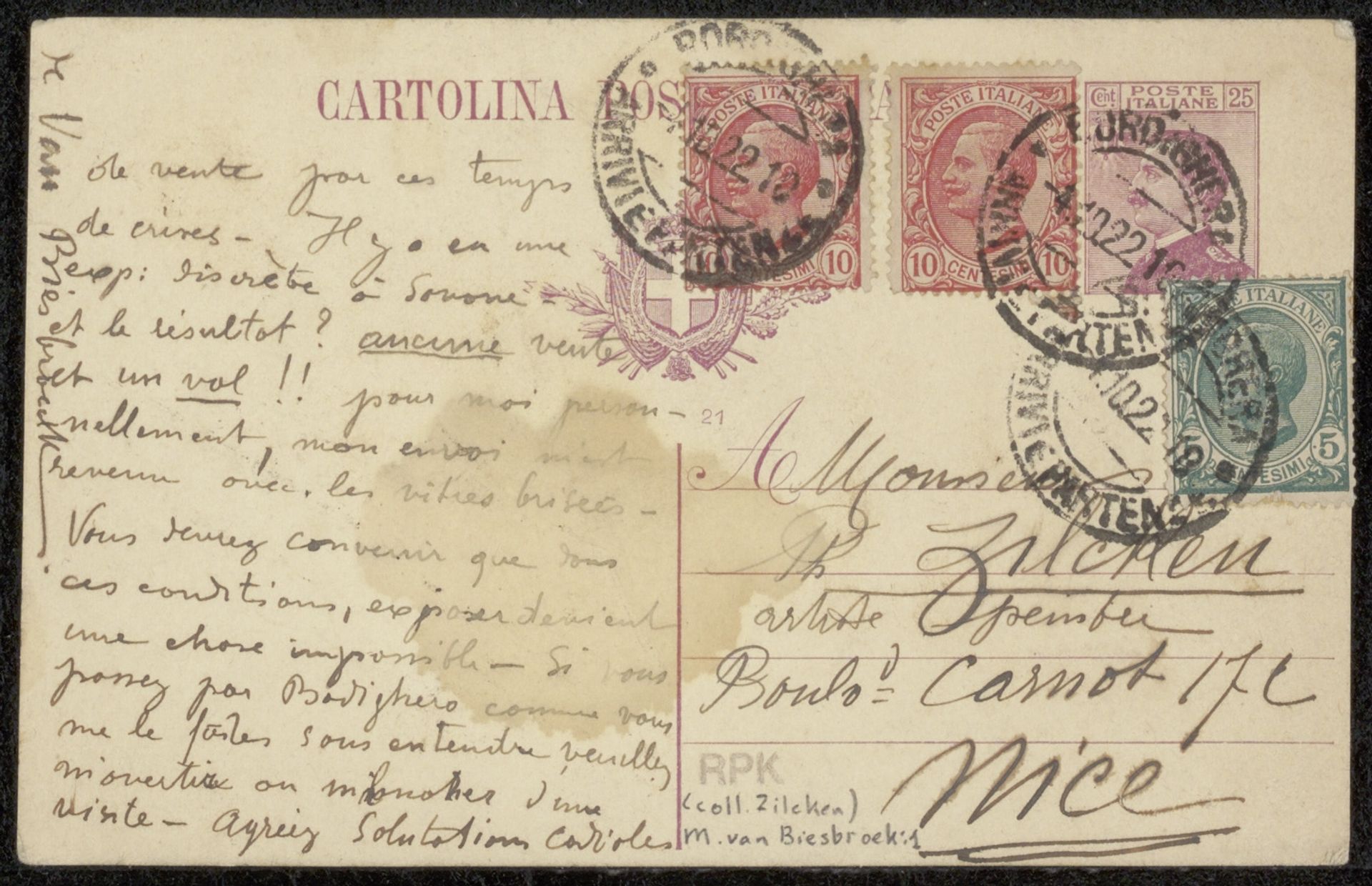 Briefkaart aan Philip Zilcken by Leopoldo Bizio Gradenigo
