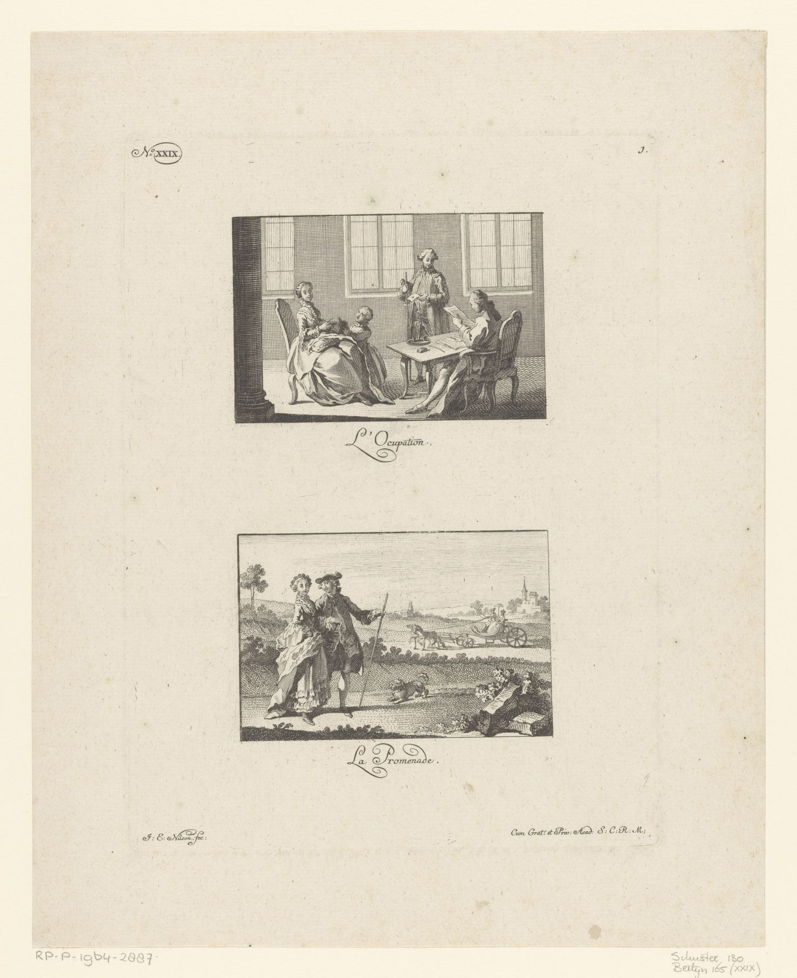 Huiselijke bezigheden en wandelen by Johann Esaias Nilson