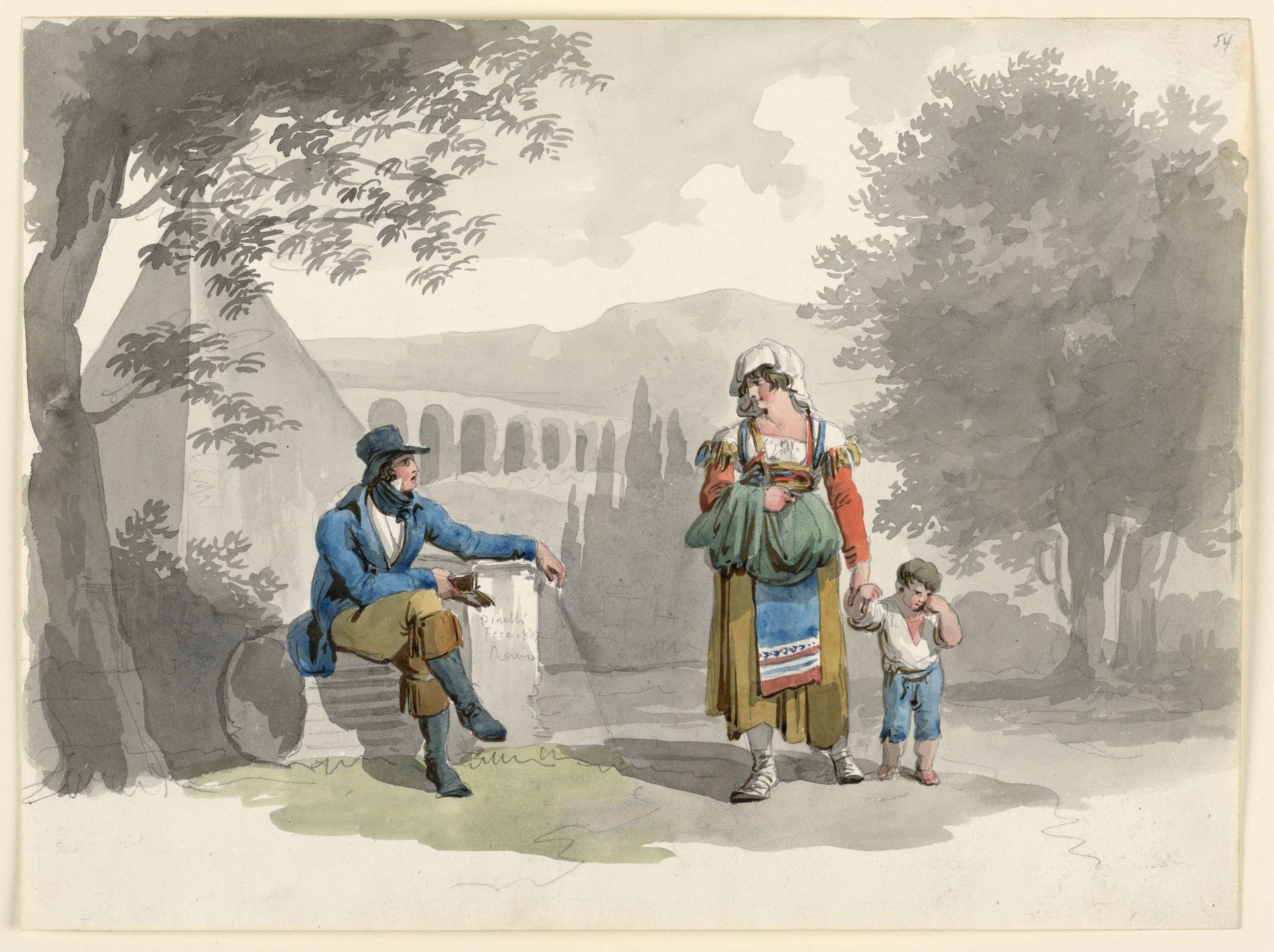 A Woman Holding a Boy with Her Hand Passing a Gentleman Seated Among Ruins in the Campagna by Bartolomeo Pinelli