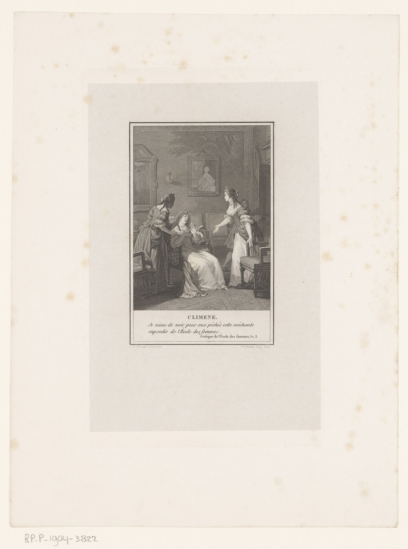 Interieur met drie elegante heren met elkaar in discussie by Jean-Baptiste-Blaise Simonet