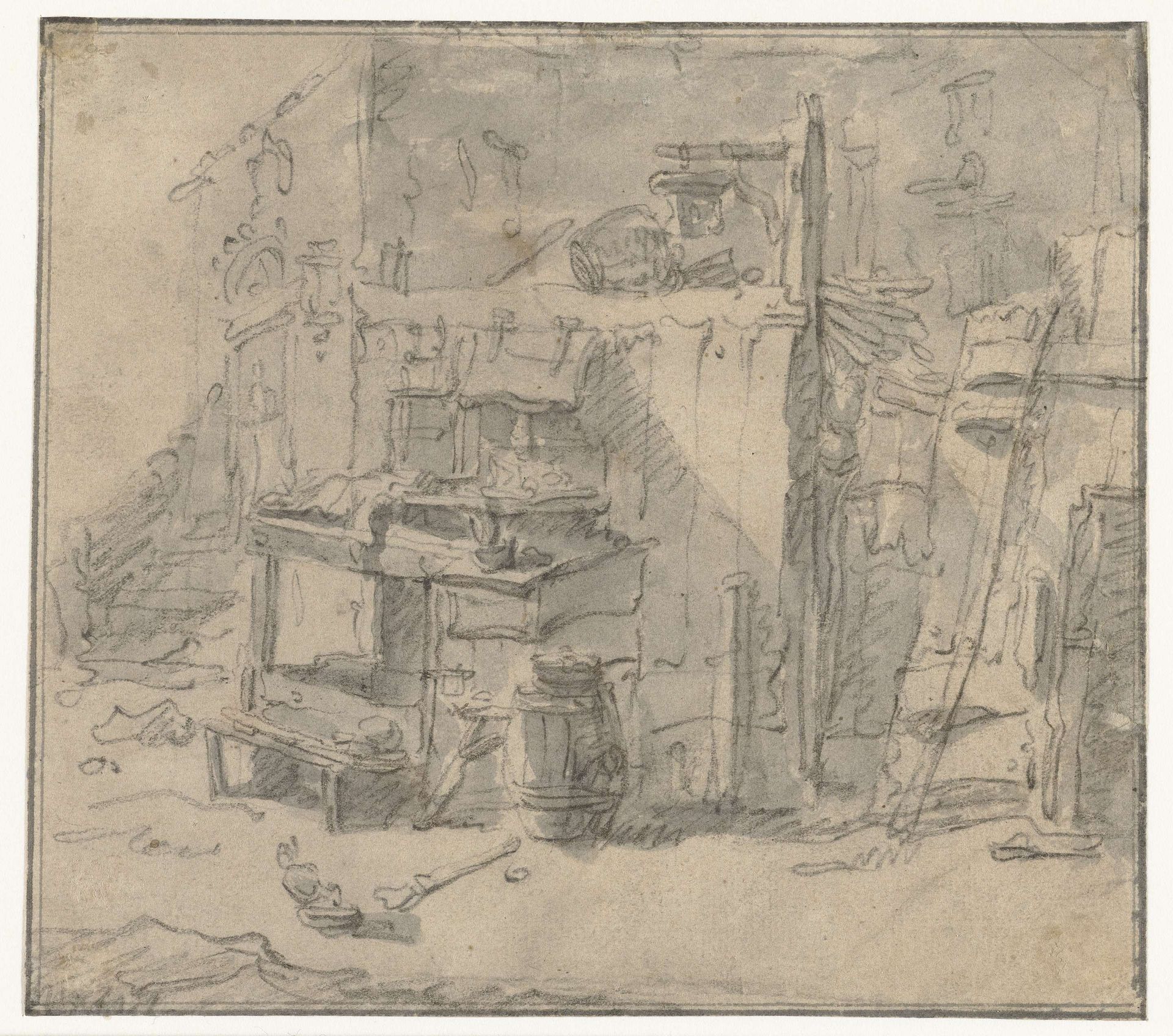 Oud huisraad op een binnenplaatsje of erf by Emanuel Murant