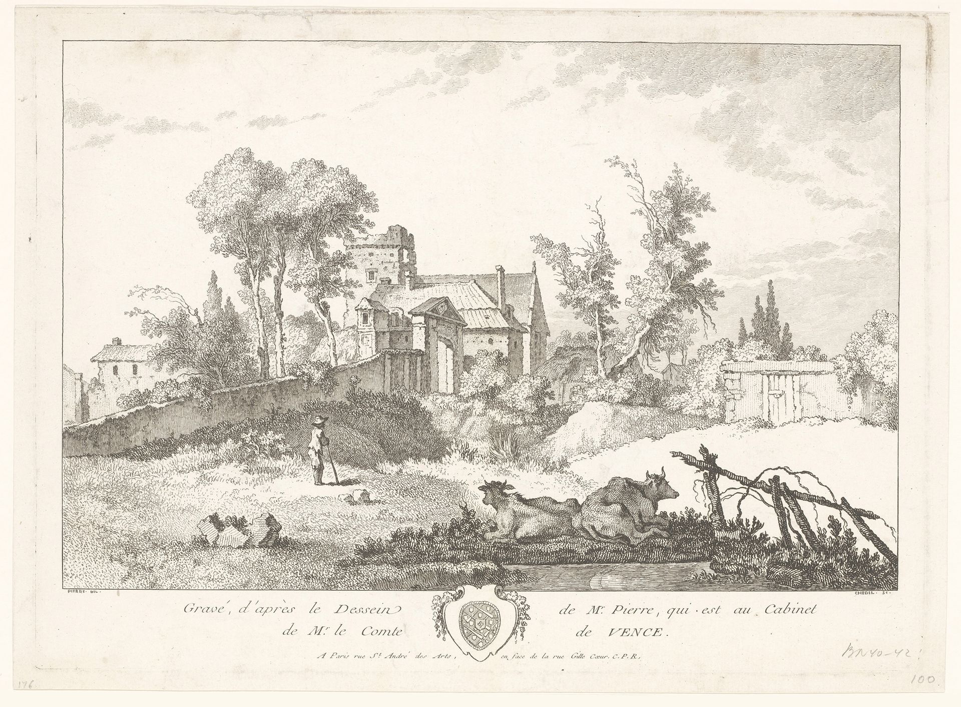 Landschap aan de rand van een dorp, op de voorgrond twee koeien by Quentin Pierre Chedel