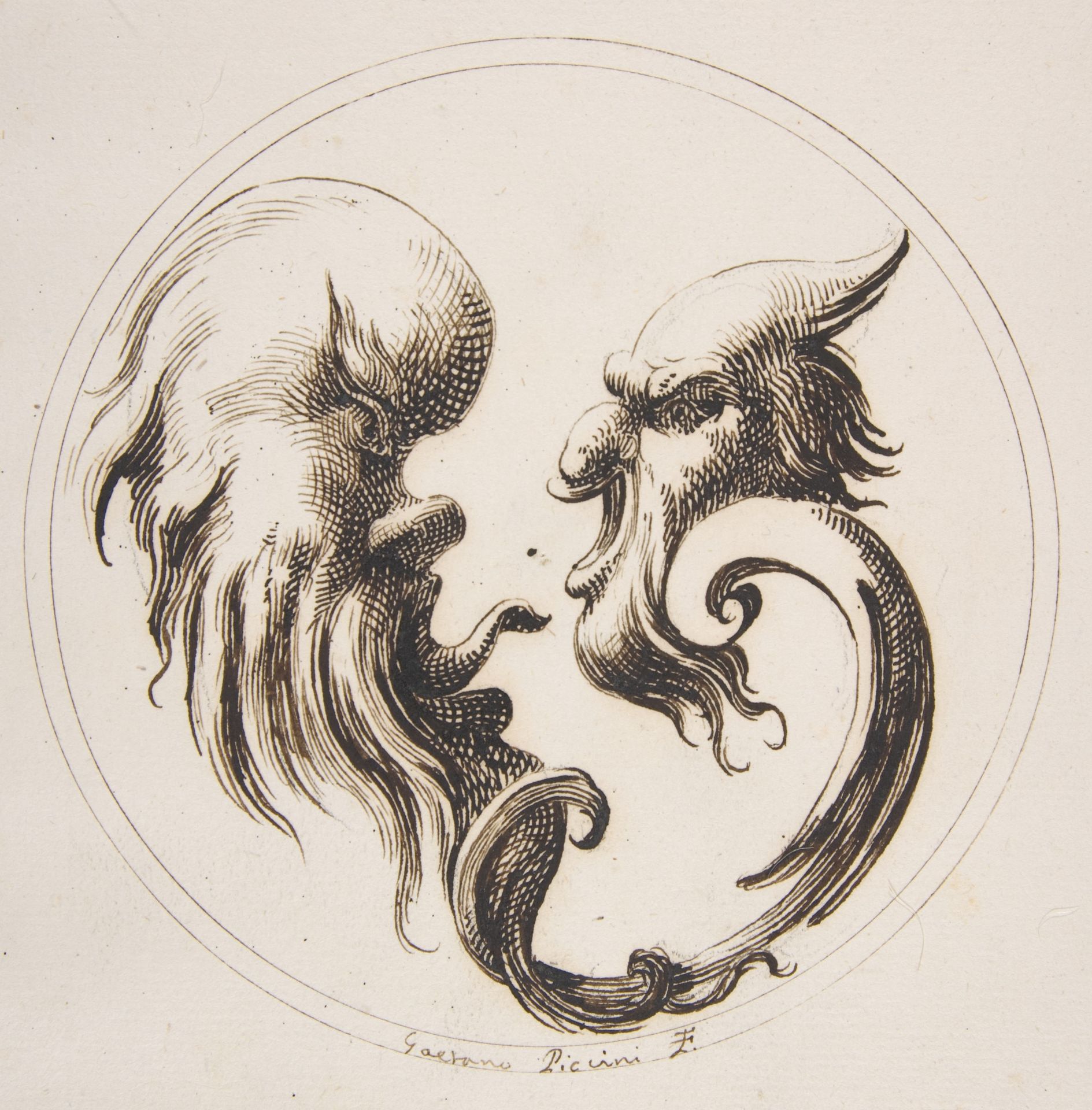 Two Grotesque Heads Facing One Another within a Circle by Gaetano Piccini