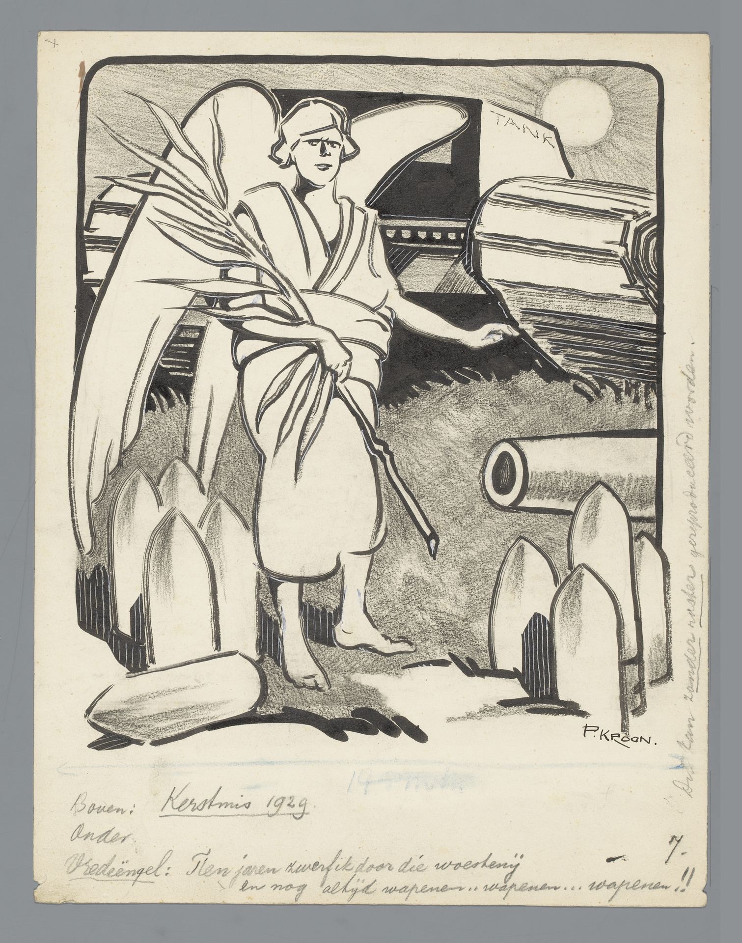 Vredesengel tussen wapentuig, 1929 by Patricq Kroon
