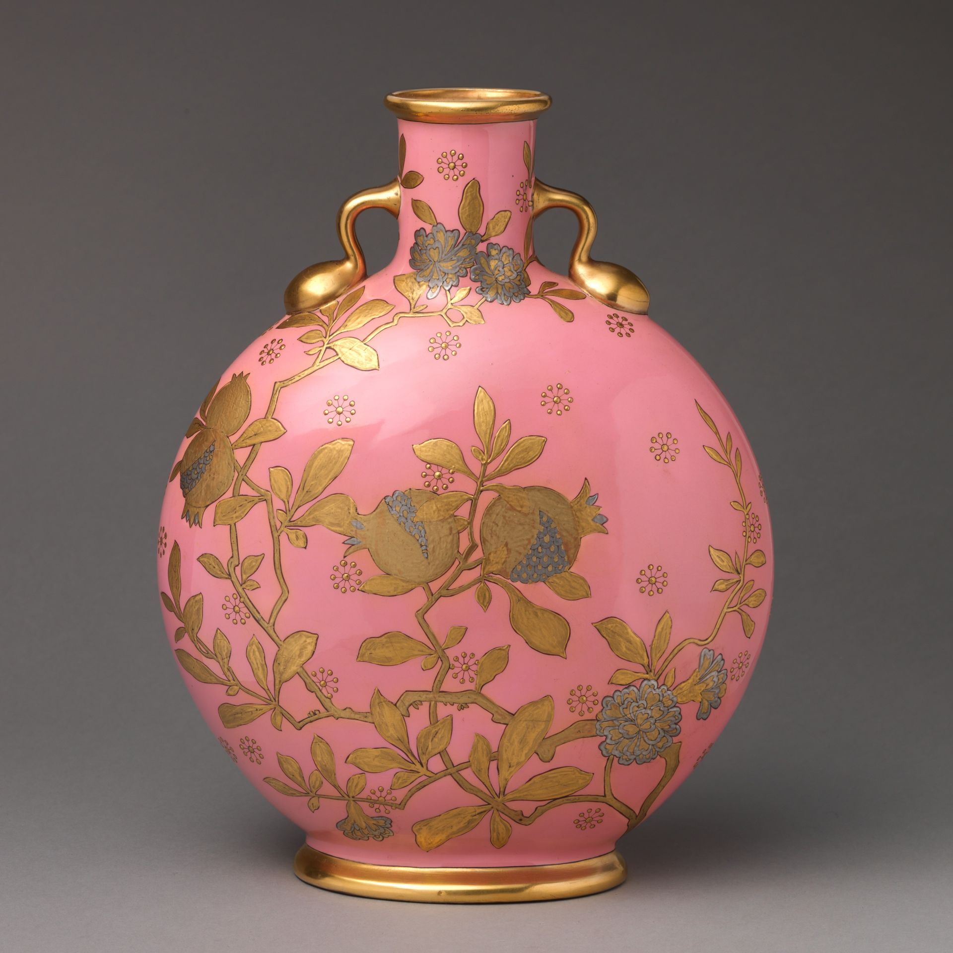 Moon flask with gilt floral decoration on pink ground by Minton(s)