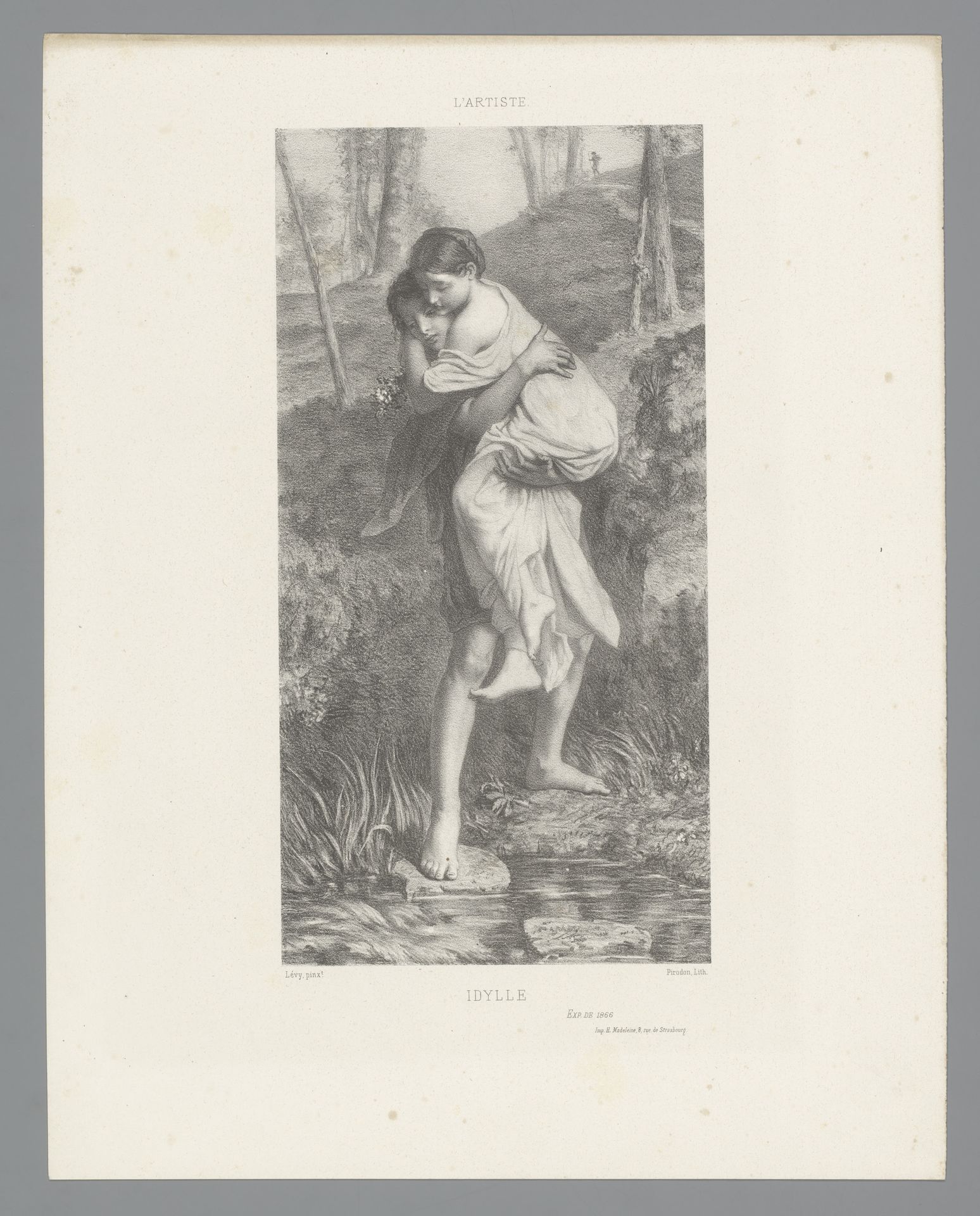 Meisje draagt jonger meisje over een beek by Eugène Louis Pirodon
