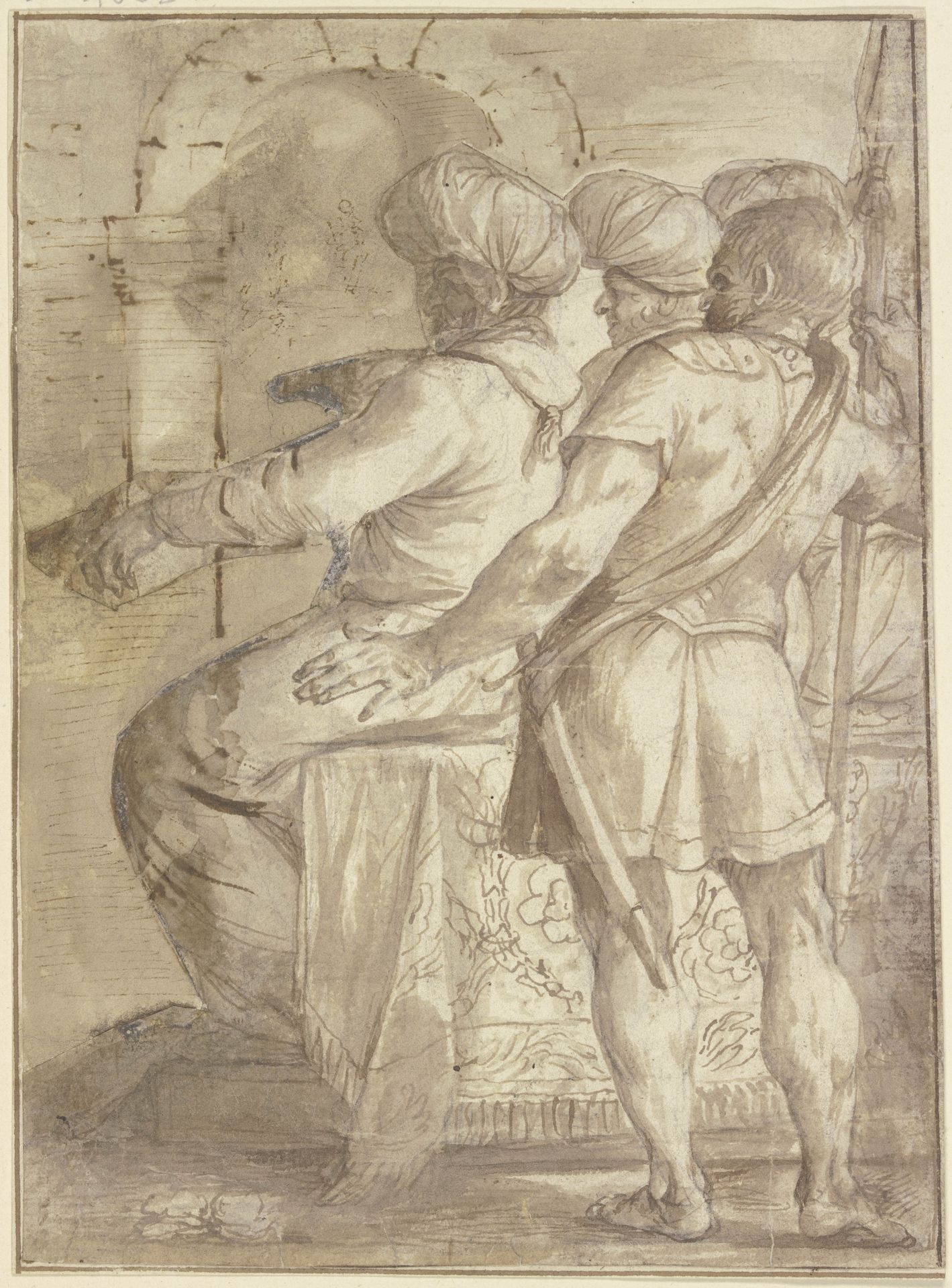 Zwei Türken, auf einem Thron nach links sitzend, hinter ihnen ein Wächter mit aufgestütztem Speer, alle Figuren in Dreiviertelrückenansicht by Annibale Carracci