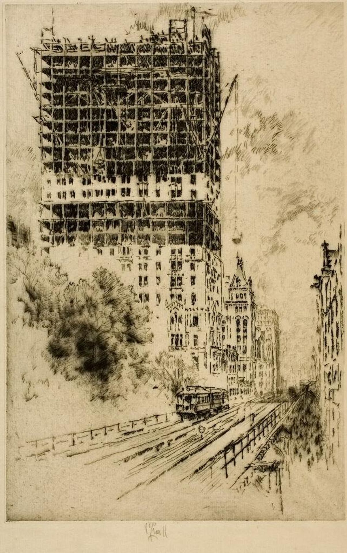 The "L" and Trinity Building by Joseph Pennell