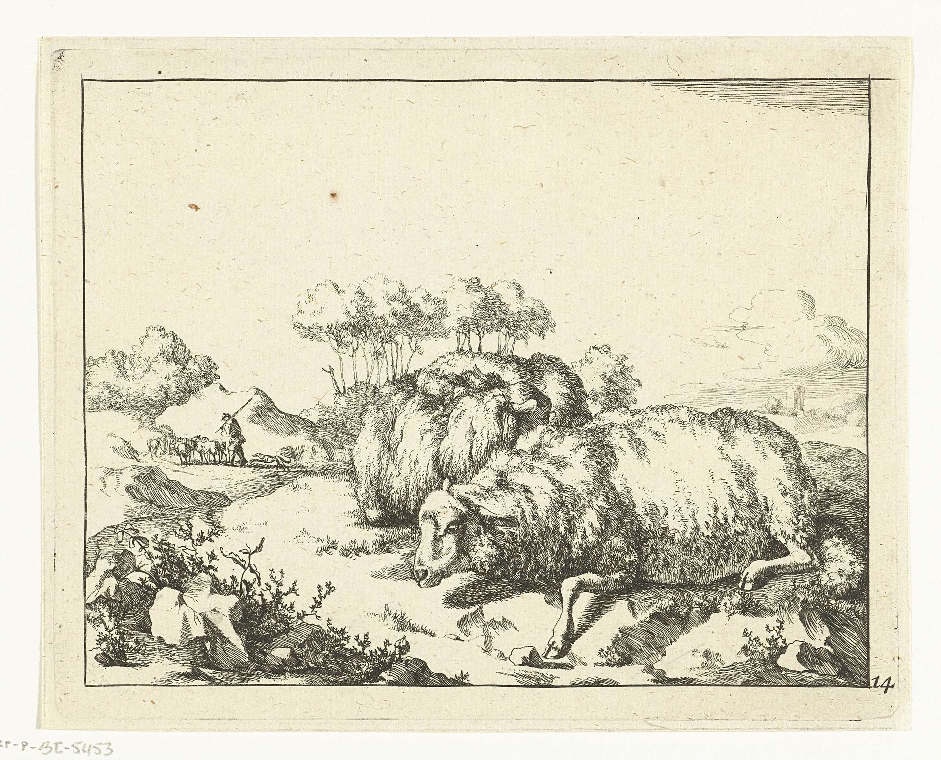 Twee schapen, liggend, met herder op achtergrond by Marcus de Bye