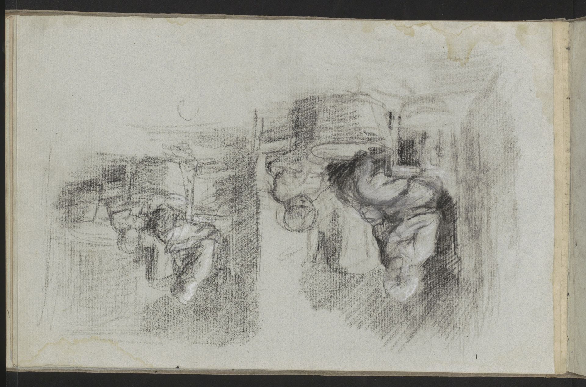Interieur met een handwerkende vrouw en een kind bij een tobbe by Albert Neuhuys