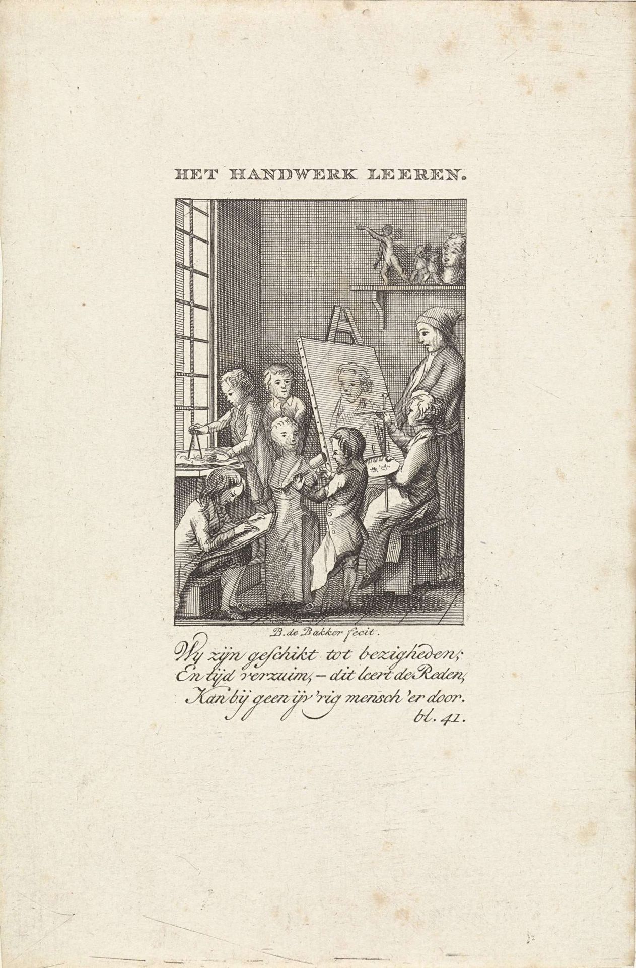 Kinderen leren tekenen en schilderen en beeldhouwen by Barent de Bakker