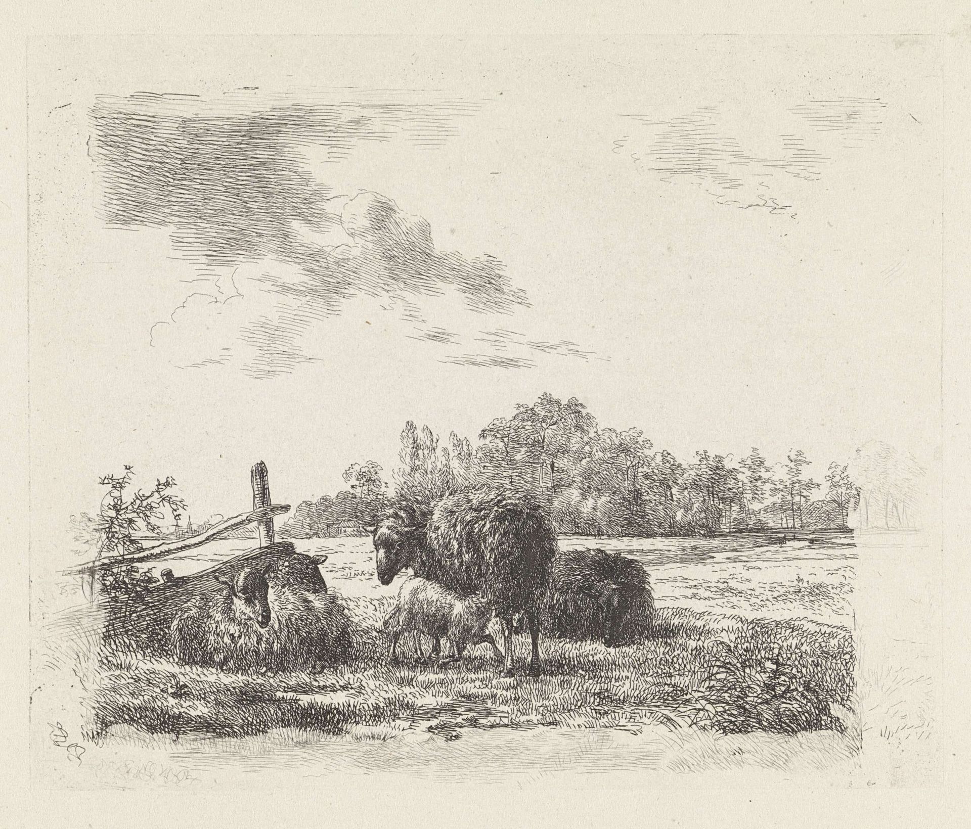 Weide met schapen by Hendrikus van de Sande Bakhuyzen