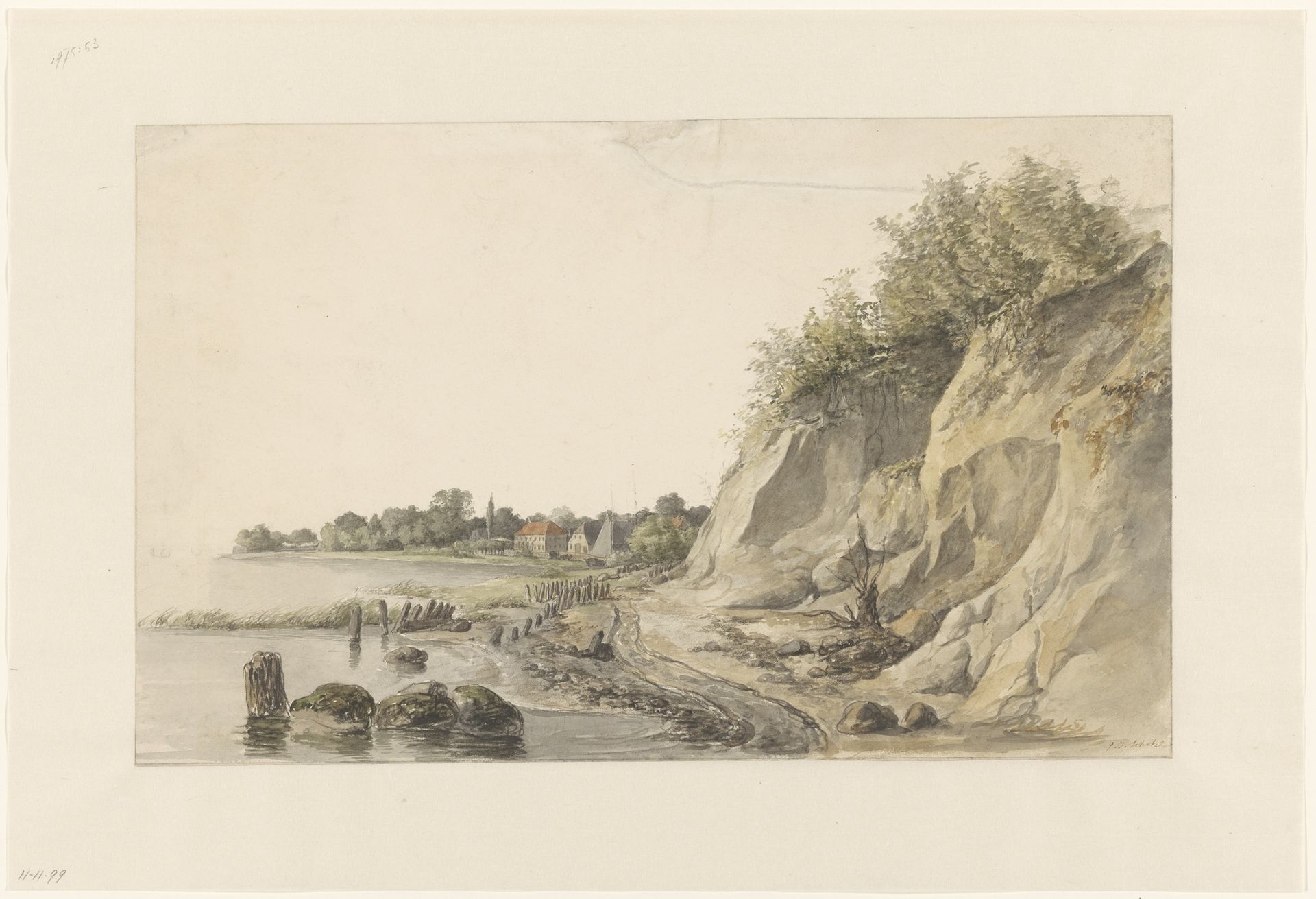 Rotsachtige rivieroever, met op de achtergrond enkele huizen by Petrus Johannes Schotel