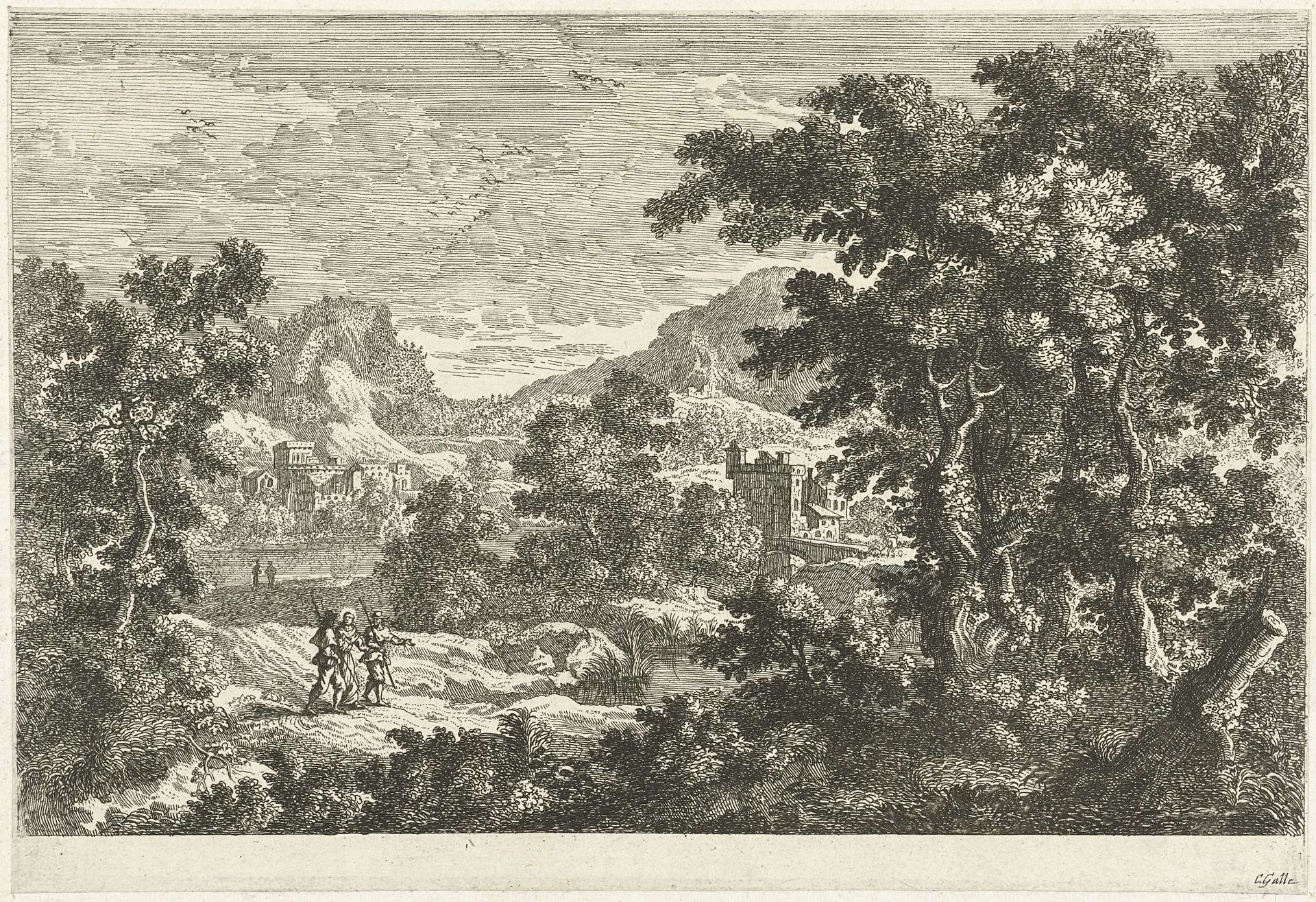 Landschap met Christus en de discipelen op weg naar Emmaus by Cornelis Galle I
