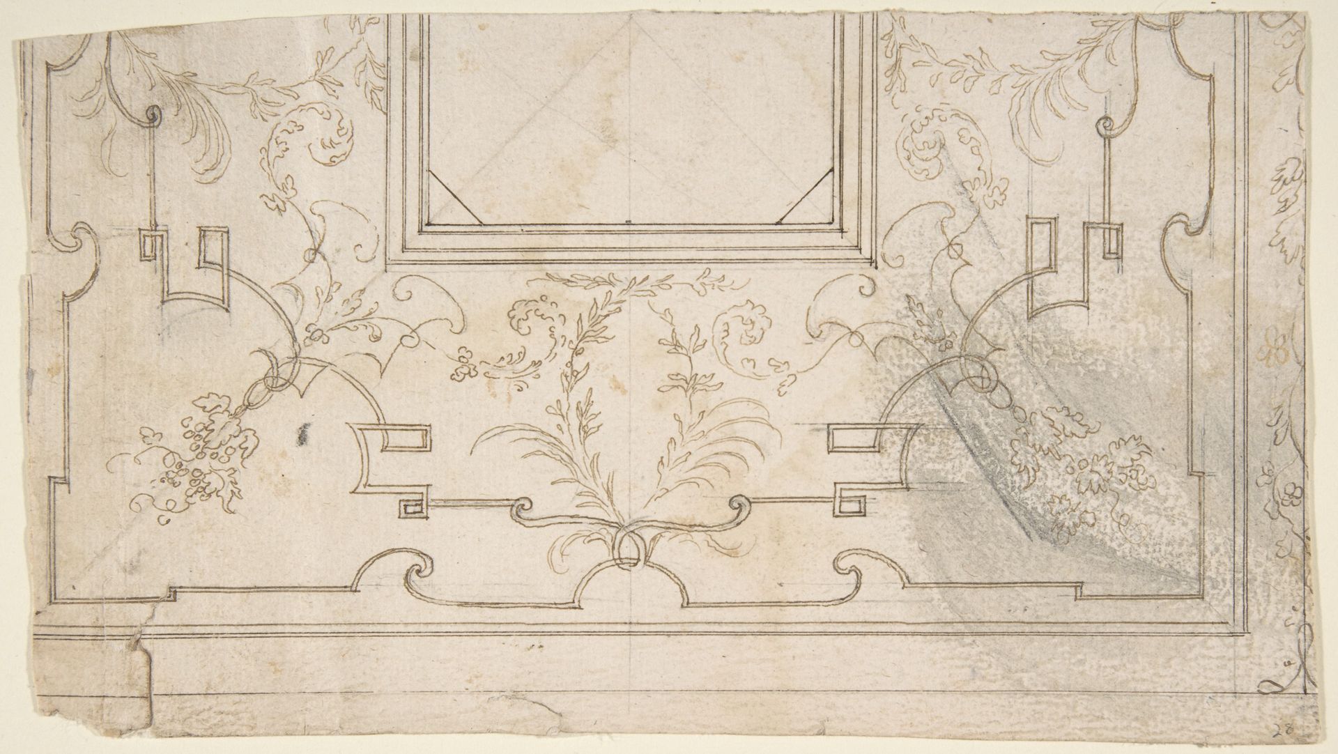 One Half Design for a Ceiling with Floral and Strapwork Motifs (recto); Slight Scribbles (verso). by Donato Giuseppe Frisoni