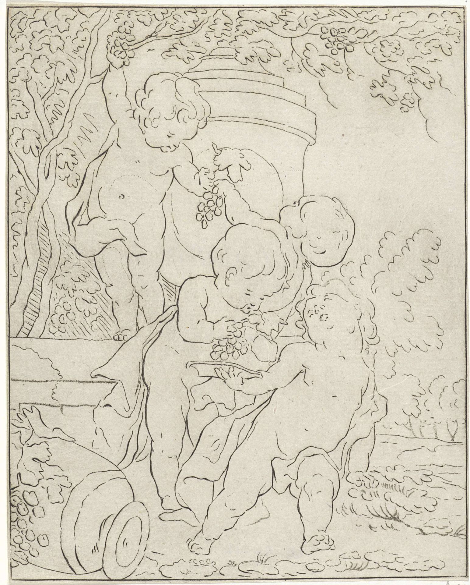 Vier druiven plukkende putti bij een vaas by Bernhard Schreuder