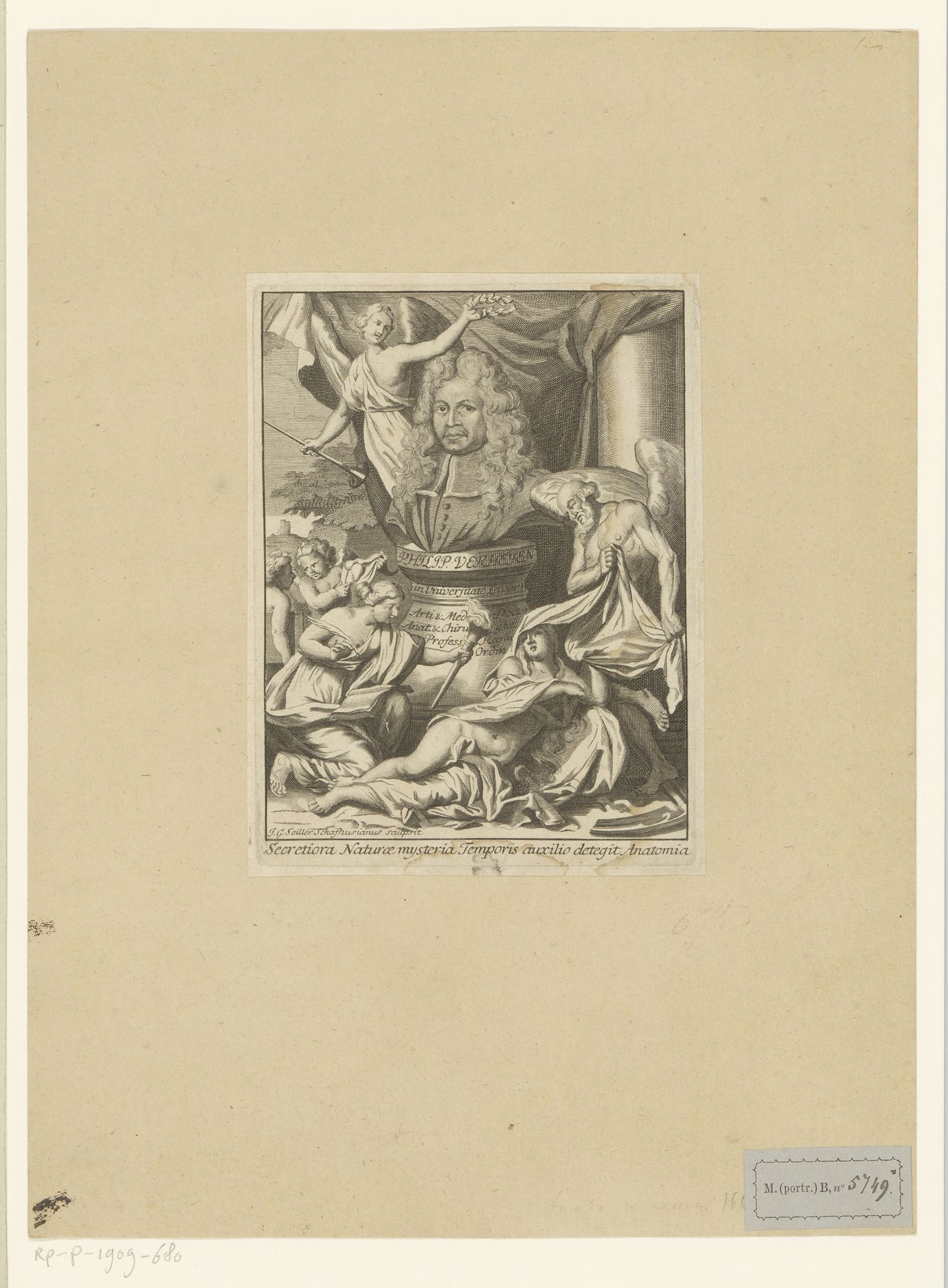 Portret van Philips Verheyen met allegorie by Johann Georg Seiller