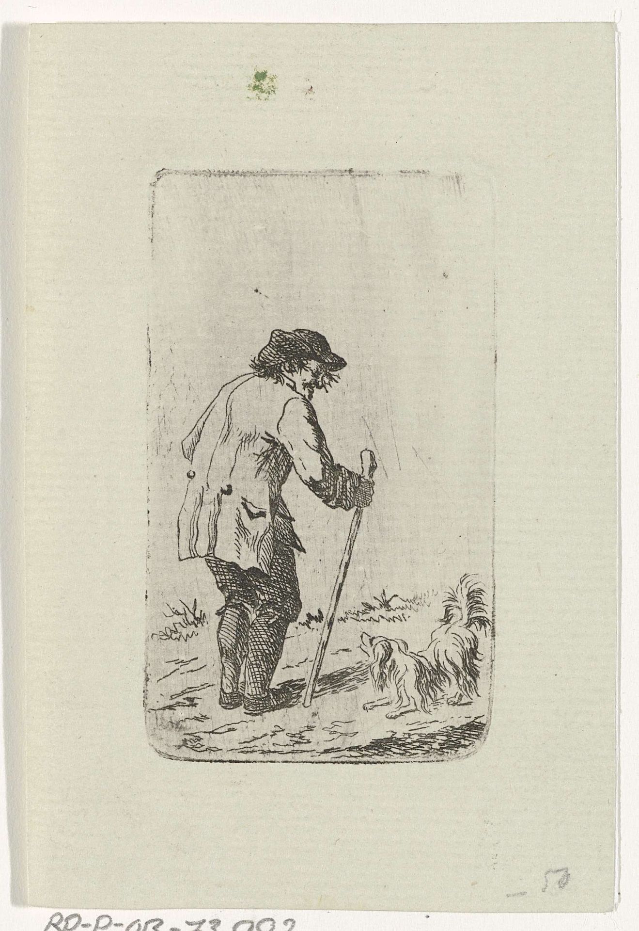 Oude man steunend op een stok by Johannes Bisschop