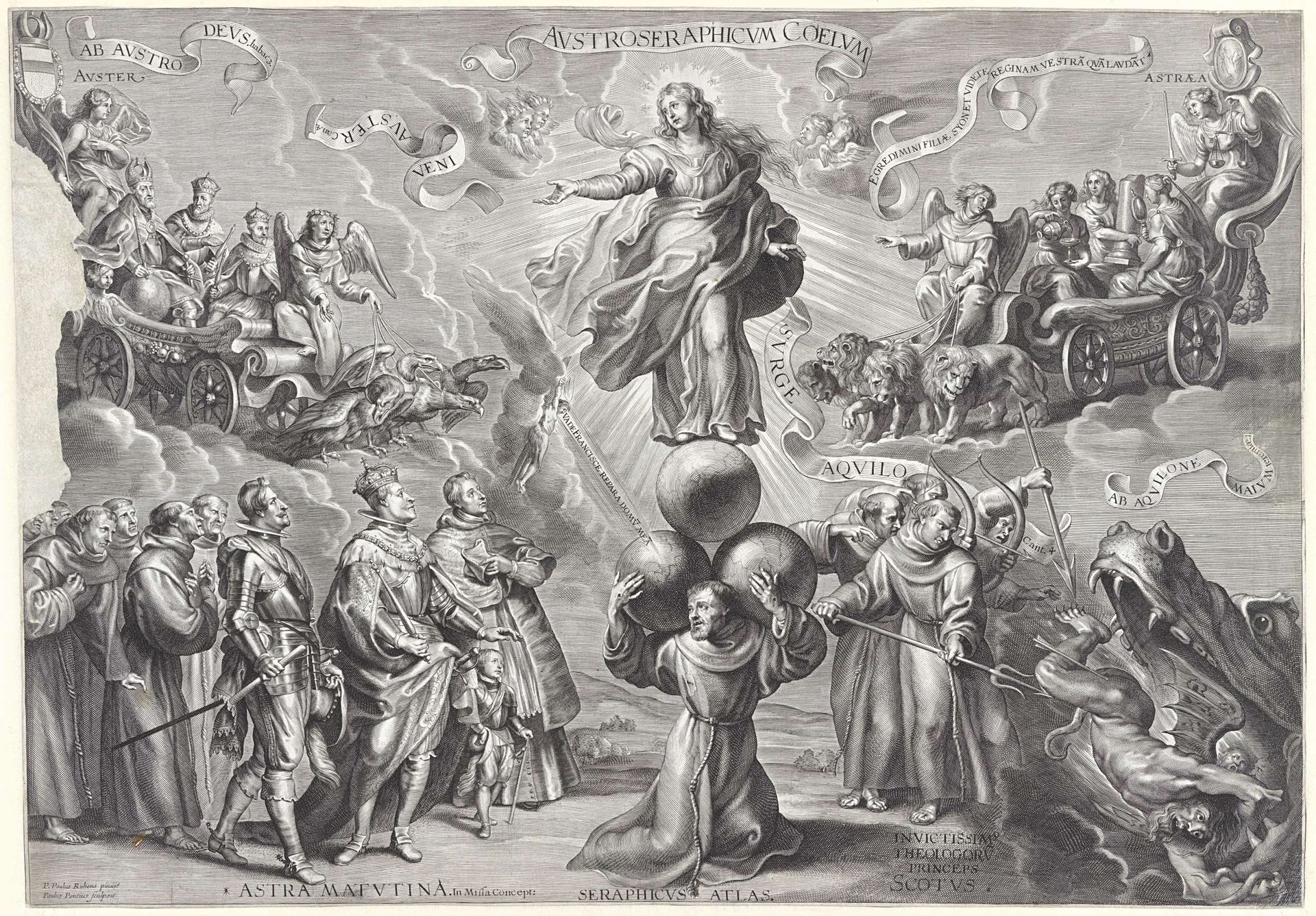 Promotieprent met H. Franciscus met drie globes op de schouders, bovenste deel by Paulus Pontius