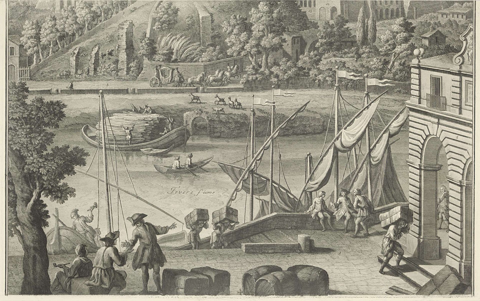 Gezicht op de Tiber en Aventijn heuvel te Rome by Giuseppe Vasi