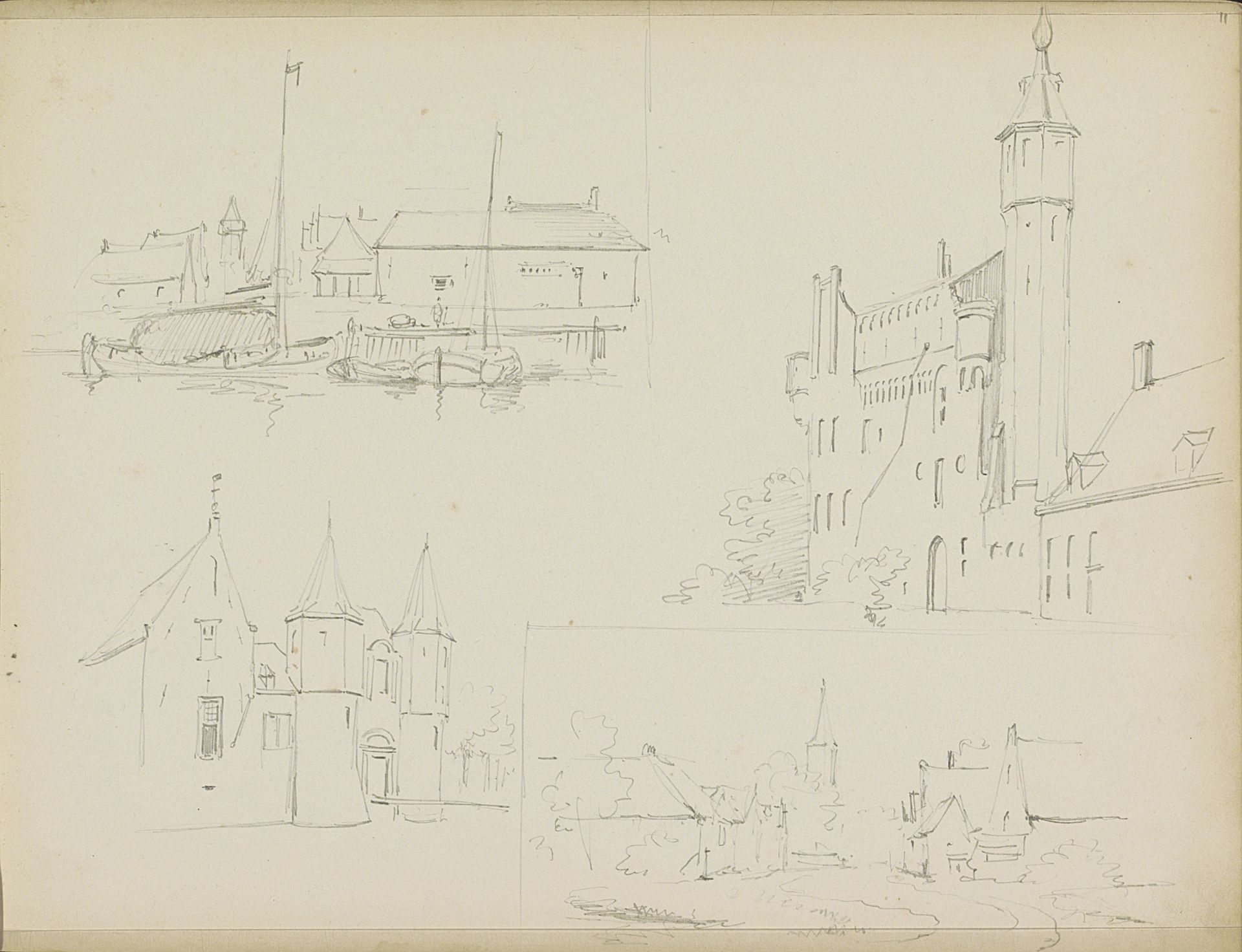 Twee stadsgezichten en twee versterkte gebouwen by Adrianus Eversen