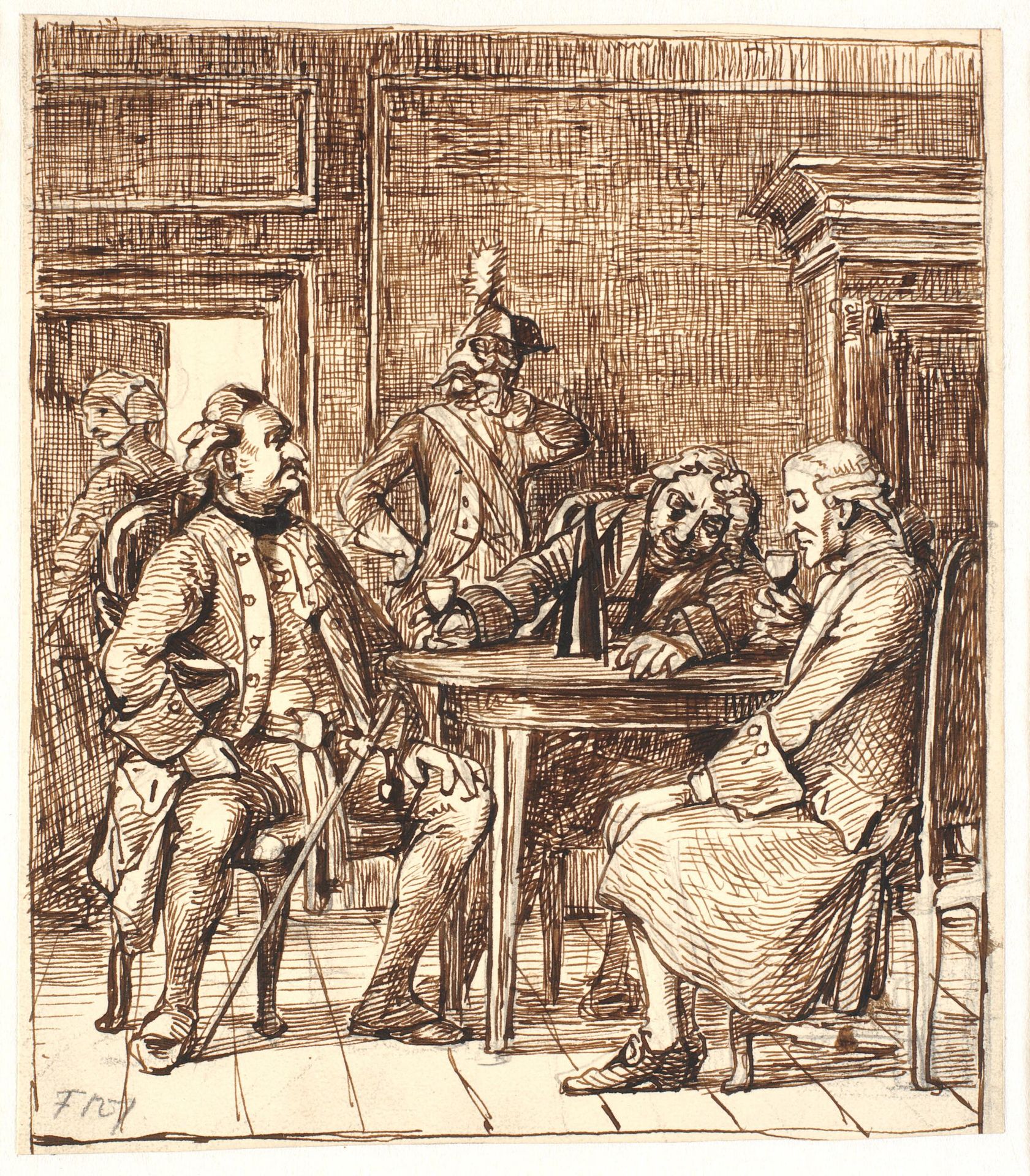 Scene af Barselsstuen. Corfitz drikker rhinskvin med officeren og Jens Olsen by Wilhelm Marstrand