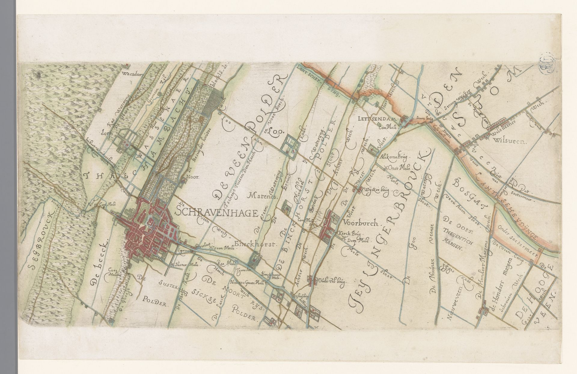 Deel van een kaart van het Hoogheemraadschap van Rijnland, met Den Haag en omgeving by Floris Balthasarsz van Berckenrode