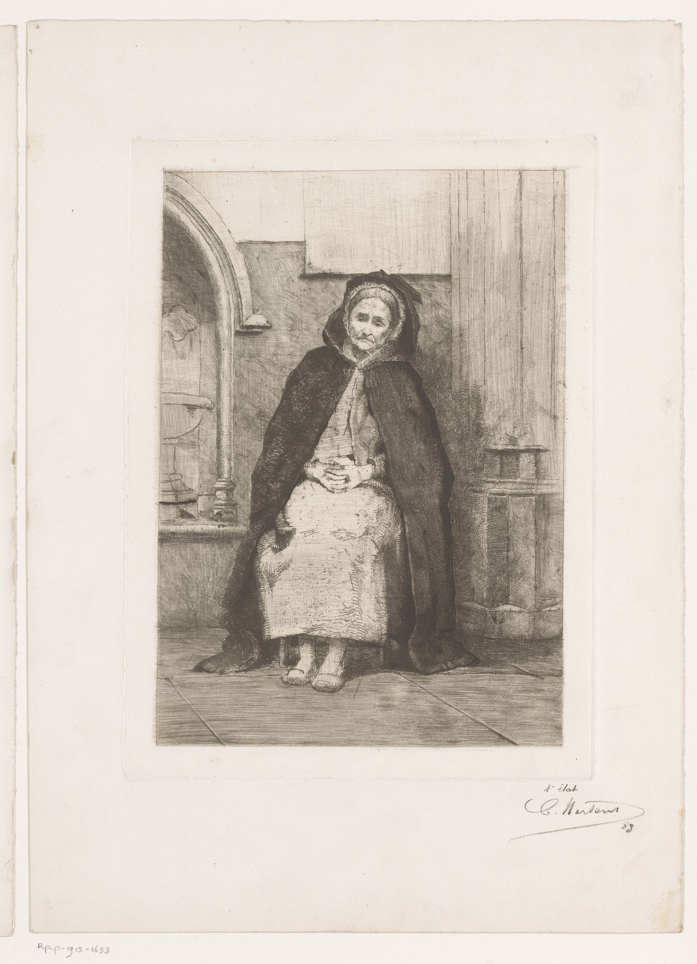 Oude bedelende vrouw gezeten voor de basiliek van Onze-Lieve-Vrouw van Scherpenheuvel by Charles Mertens