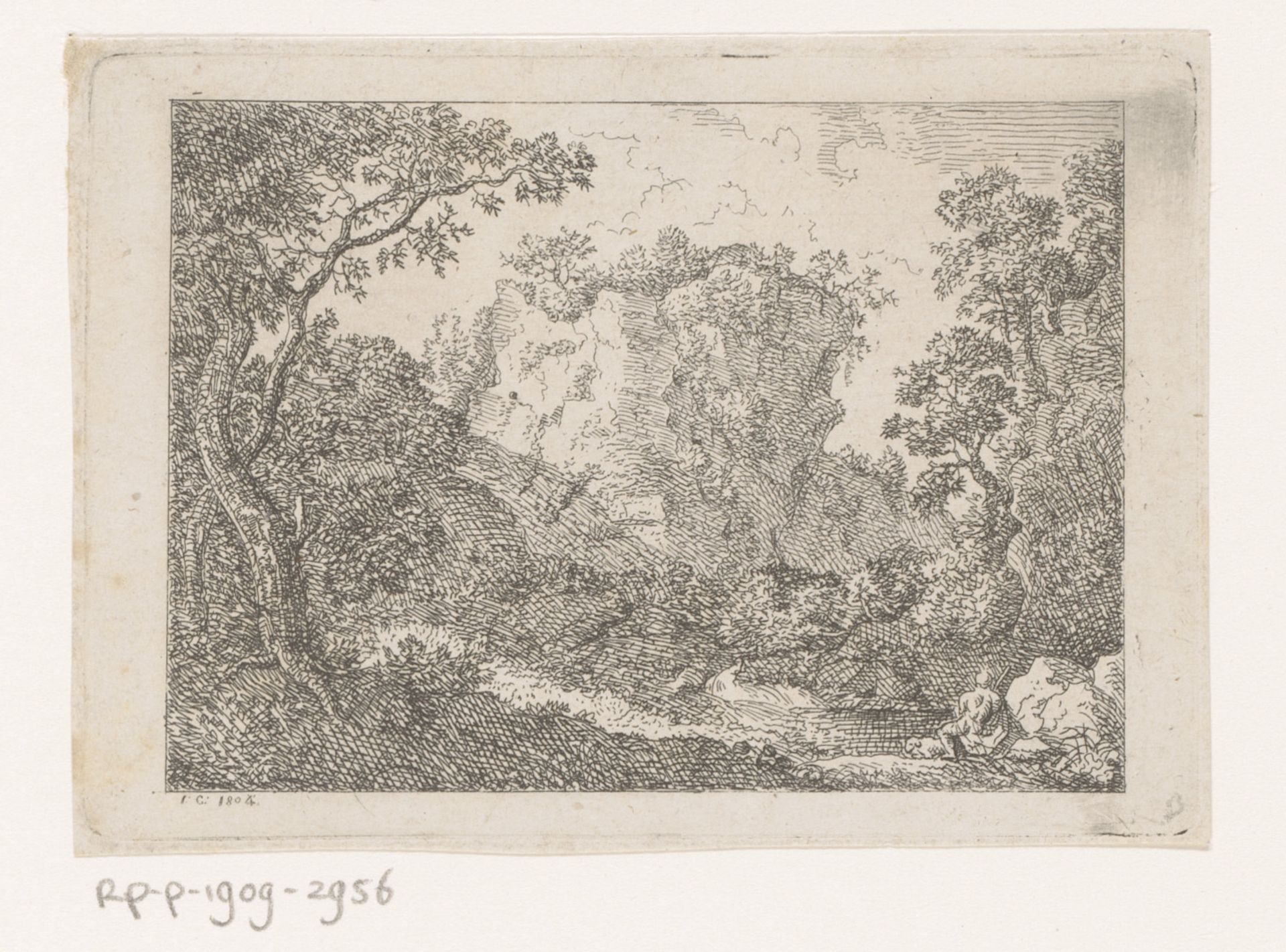 Landschap met hoge rots en een herder op de voorgrond by Joseph Charles Cogels
