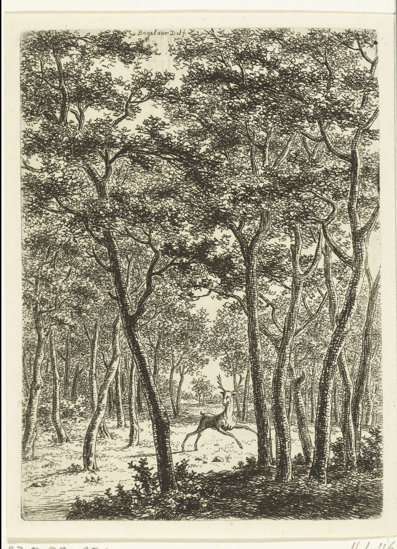 Boslandschap met hert by Ernst Willem Jan Bagelaar
