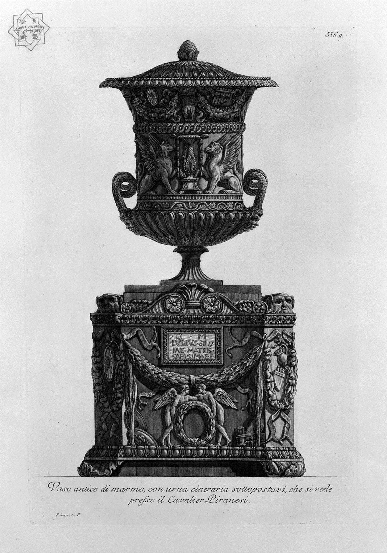 Antique vase on a marble cinerary urn by Giovanni Battista Piranesi