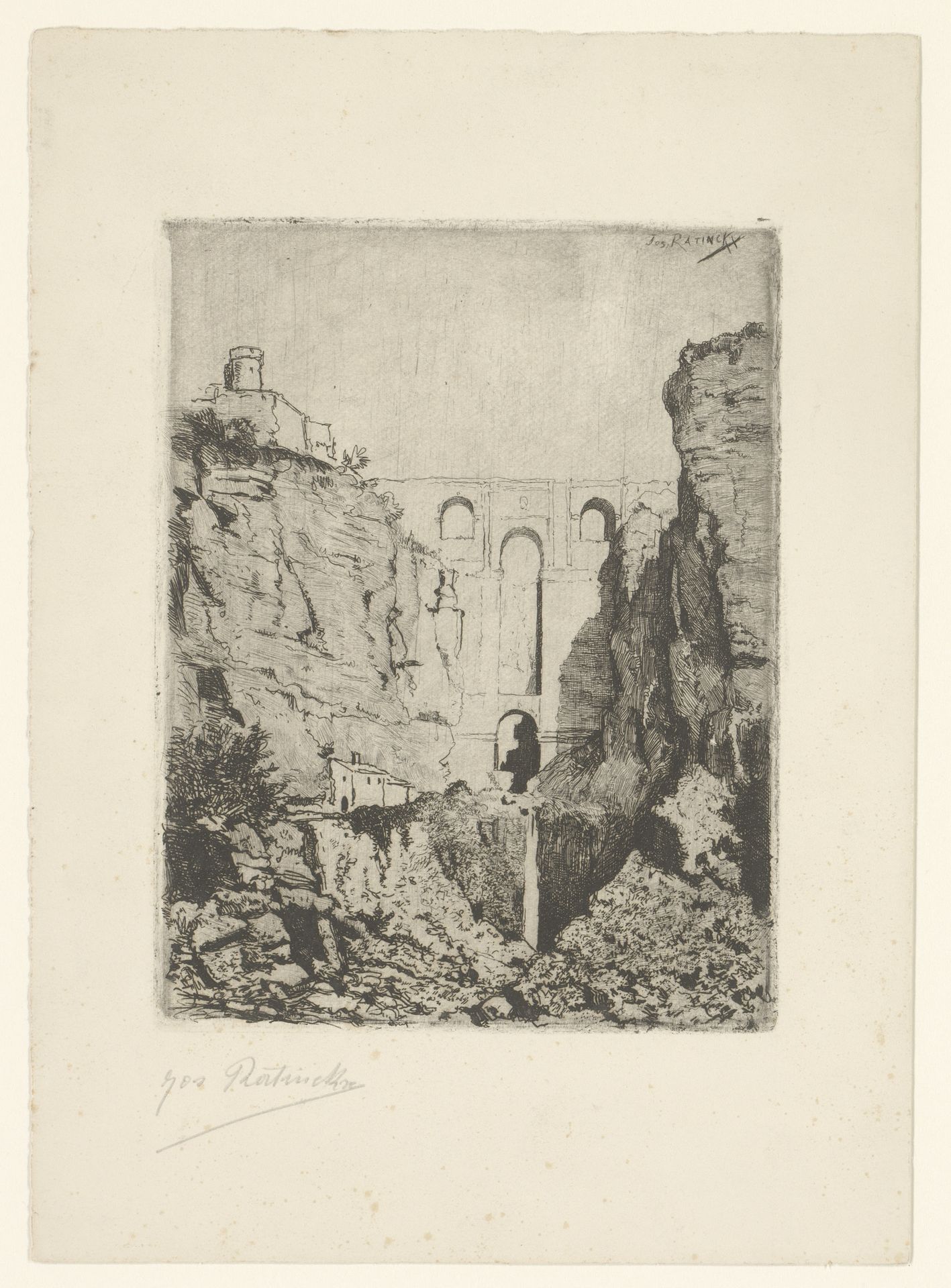Berglandschap met een ruïne in een kloof by Jos Ratinckx