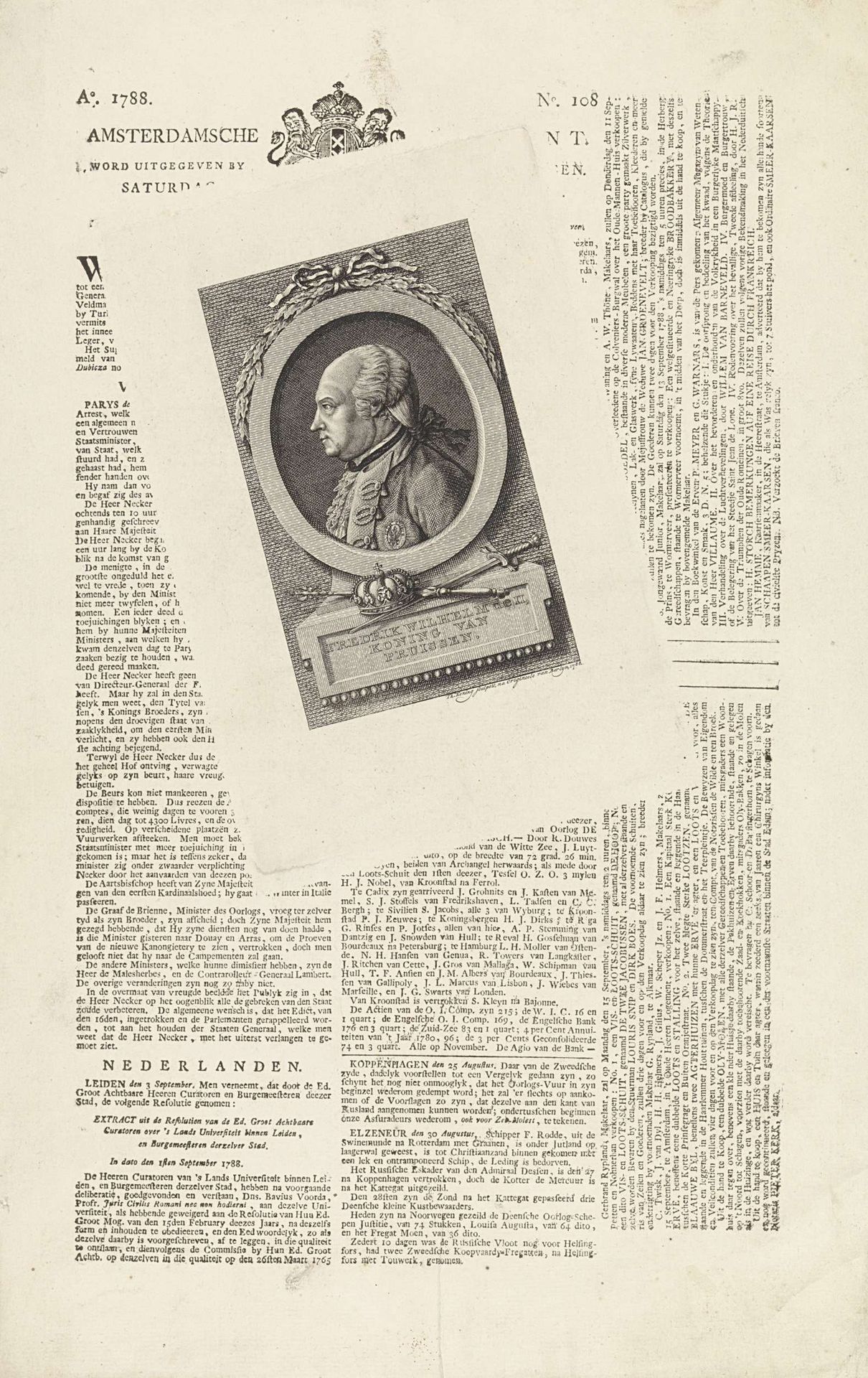Portret van Frederik Willem II, koning van Pruisen op een krant gedrukt by Theodoor Koning