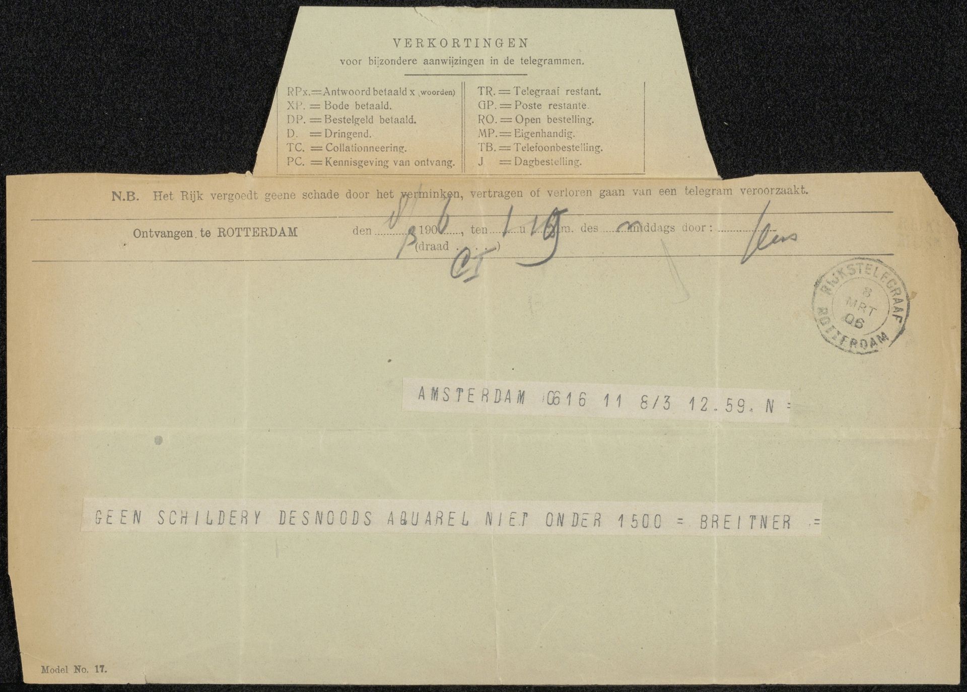 Telegram aan Pieter Haverkorn van Rijsewijk by George Hendrik Breitner