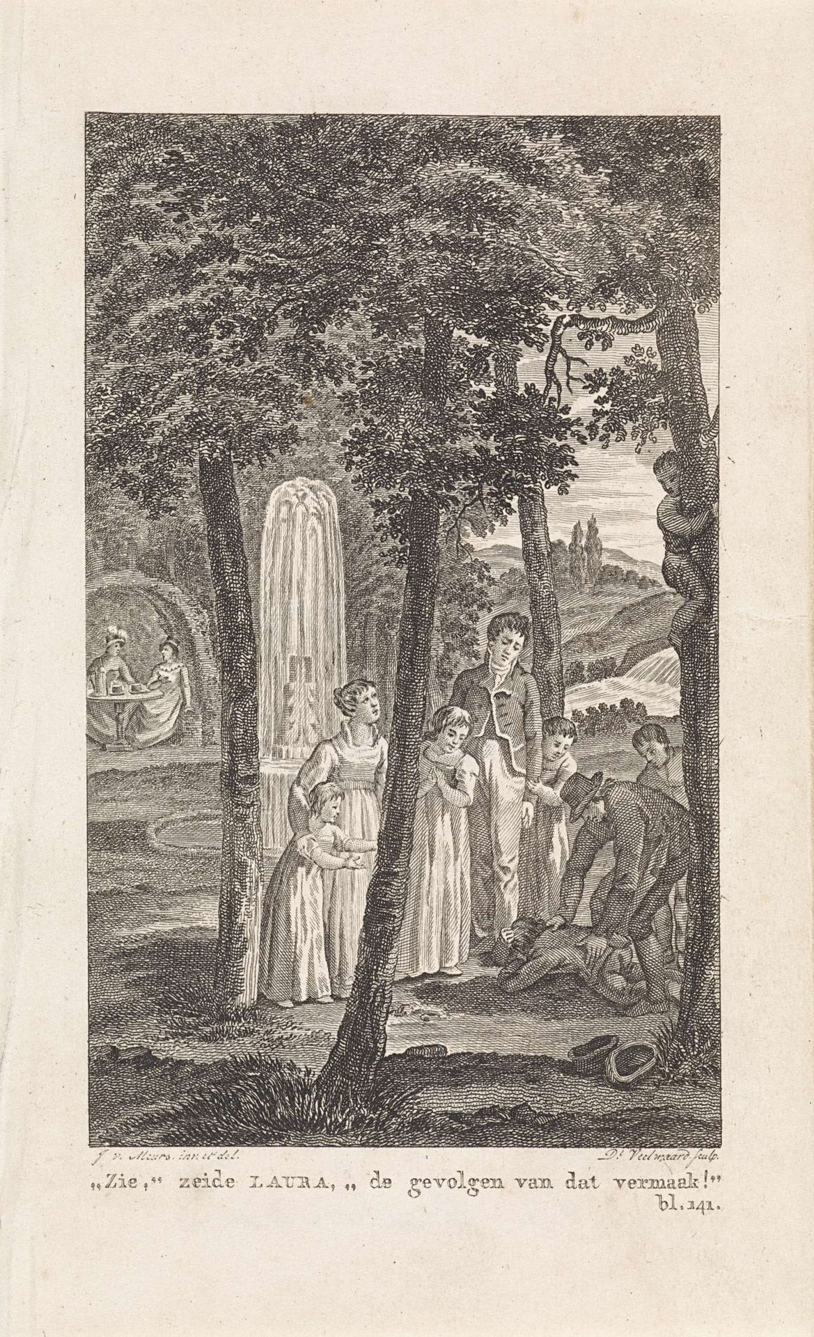Gezelschap bij een op de grond liggende figuur tussen bomen by Daniël (I) Veelwaard