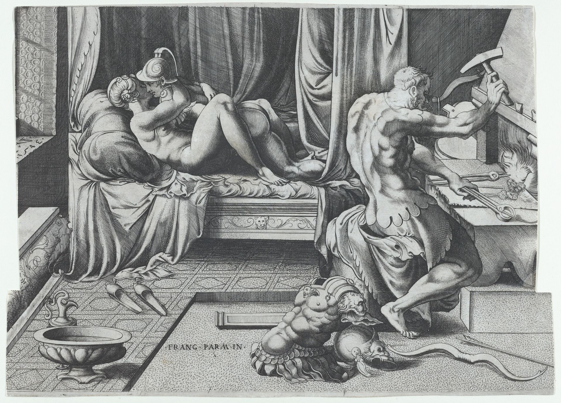 Venus and Mars Embracing as Vulcan Works at His Forge by Enea Vico