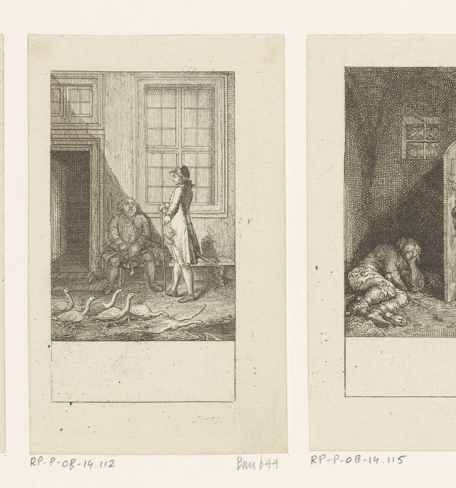 Twee mannen en een groep met ganzen voor een huis by Daniel Nikolaus Chodowiecki