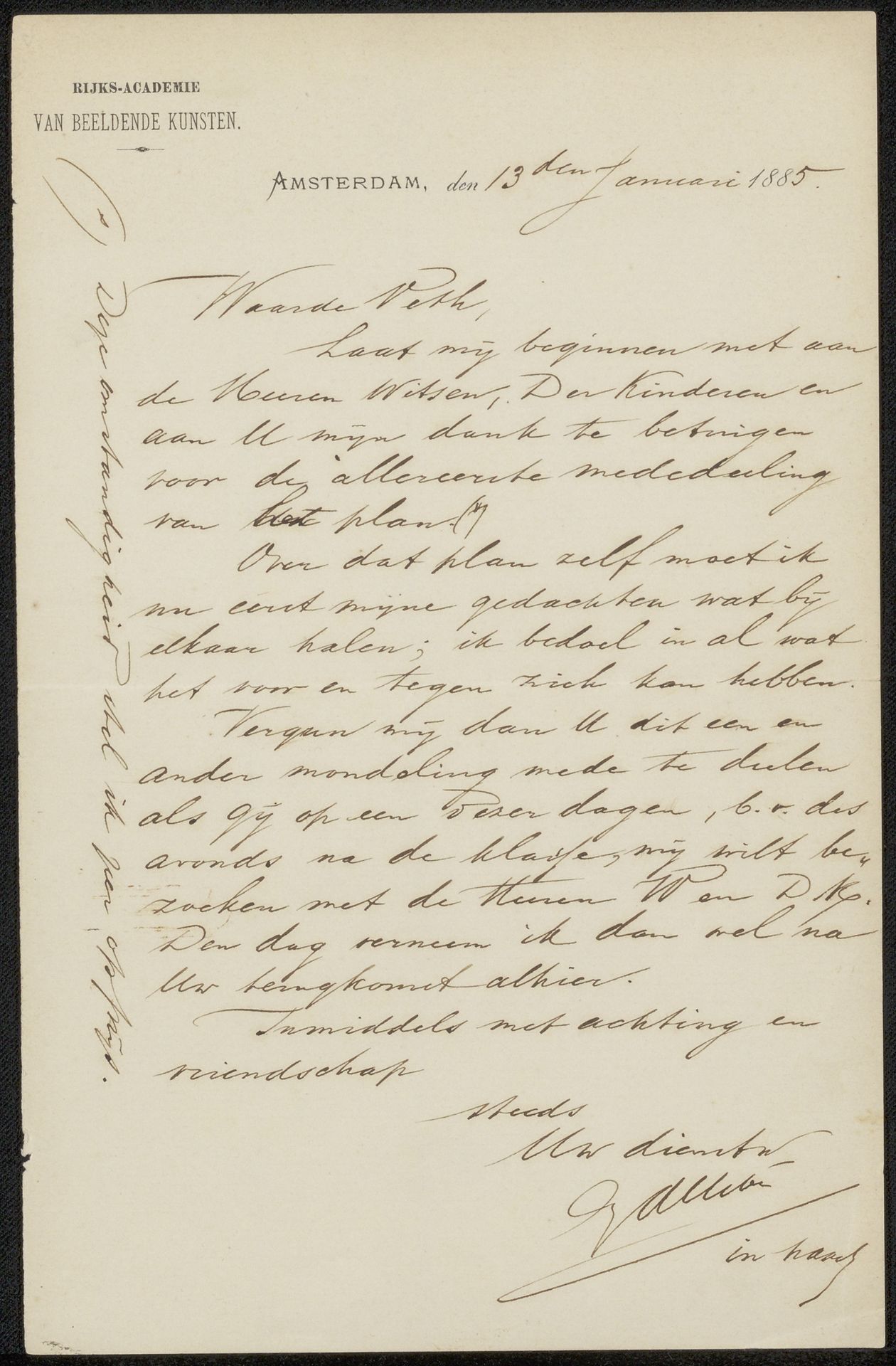 Brief aan Jan Veth by Rijksakademie van Beeldende Kunsten